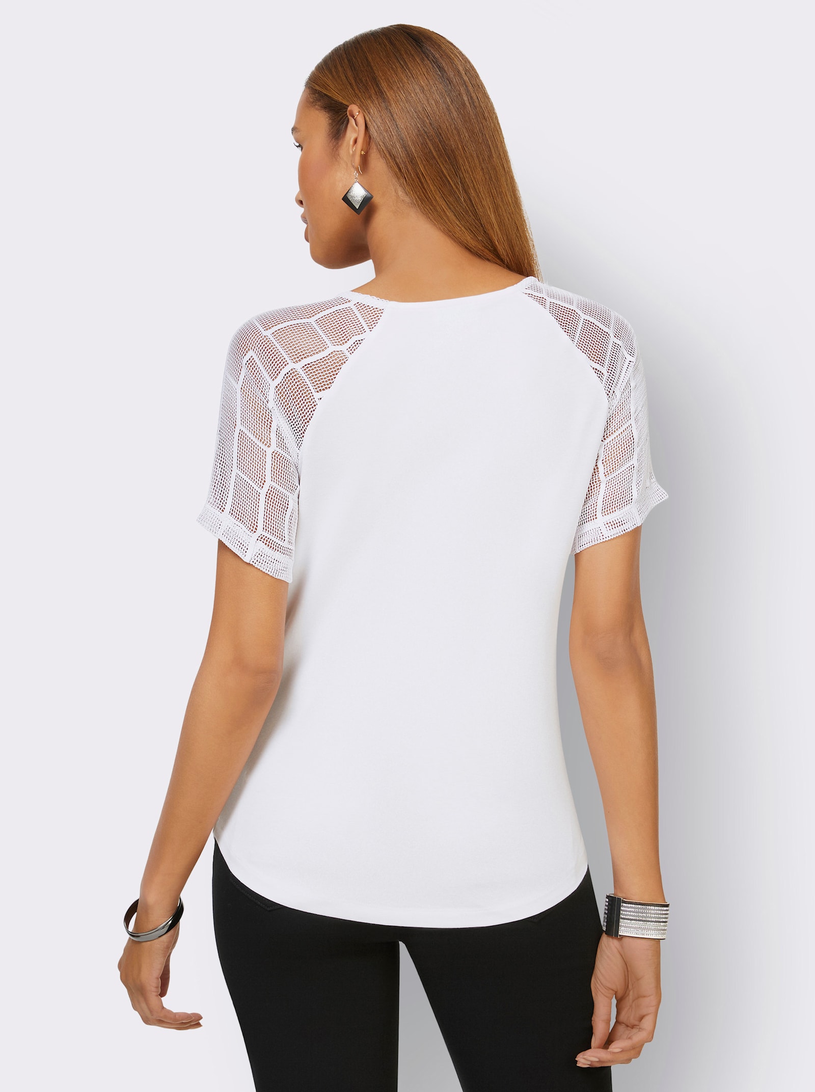 Spitzenshirt mit transparenten Ärmeln - weiß