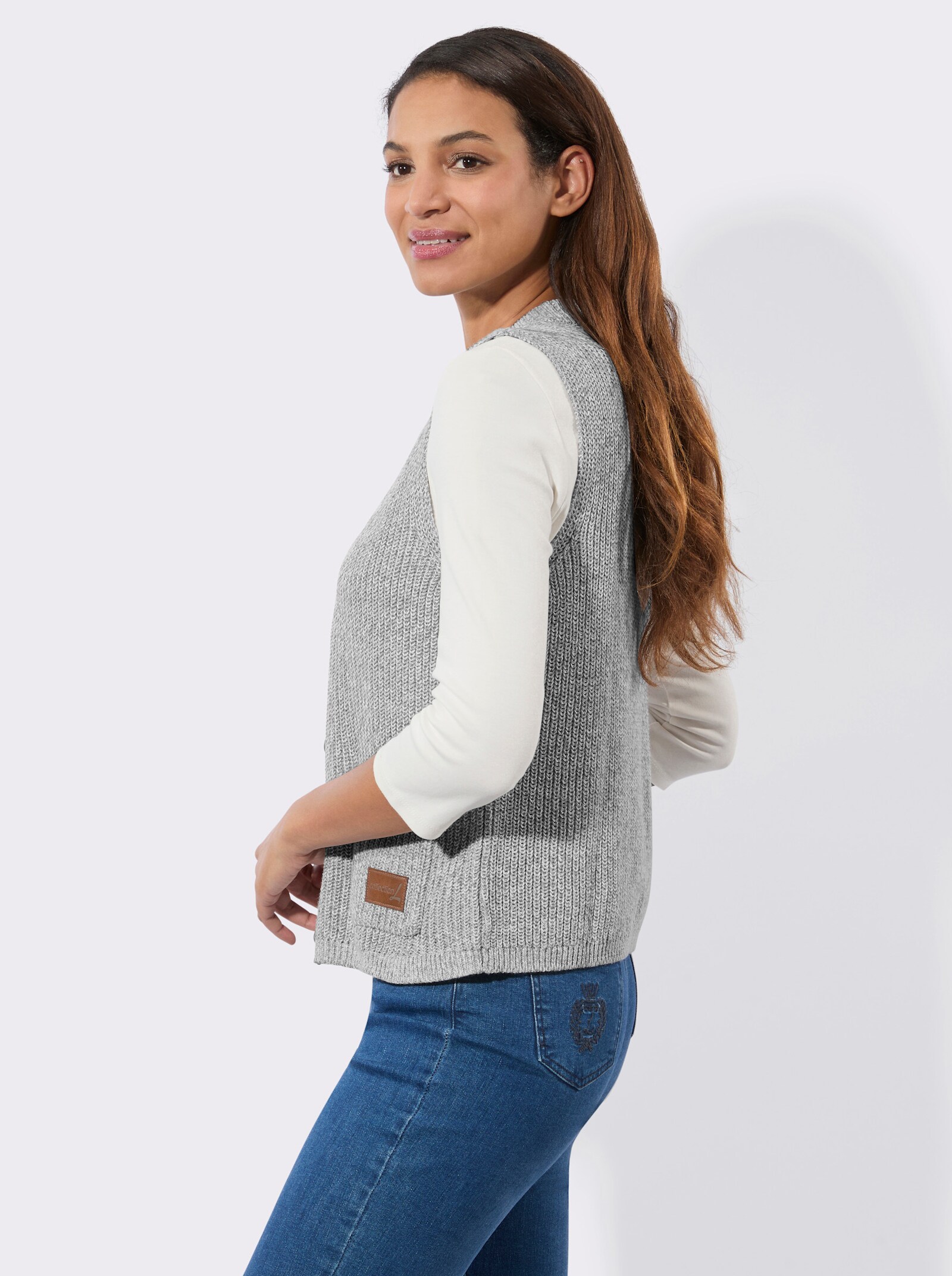 Strickweste mit Ripp-Abschlüssen - steingrau-ecru-meliert