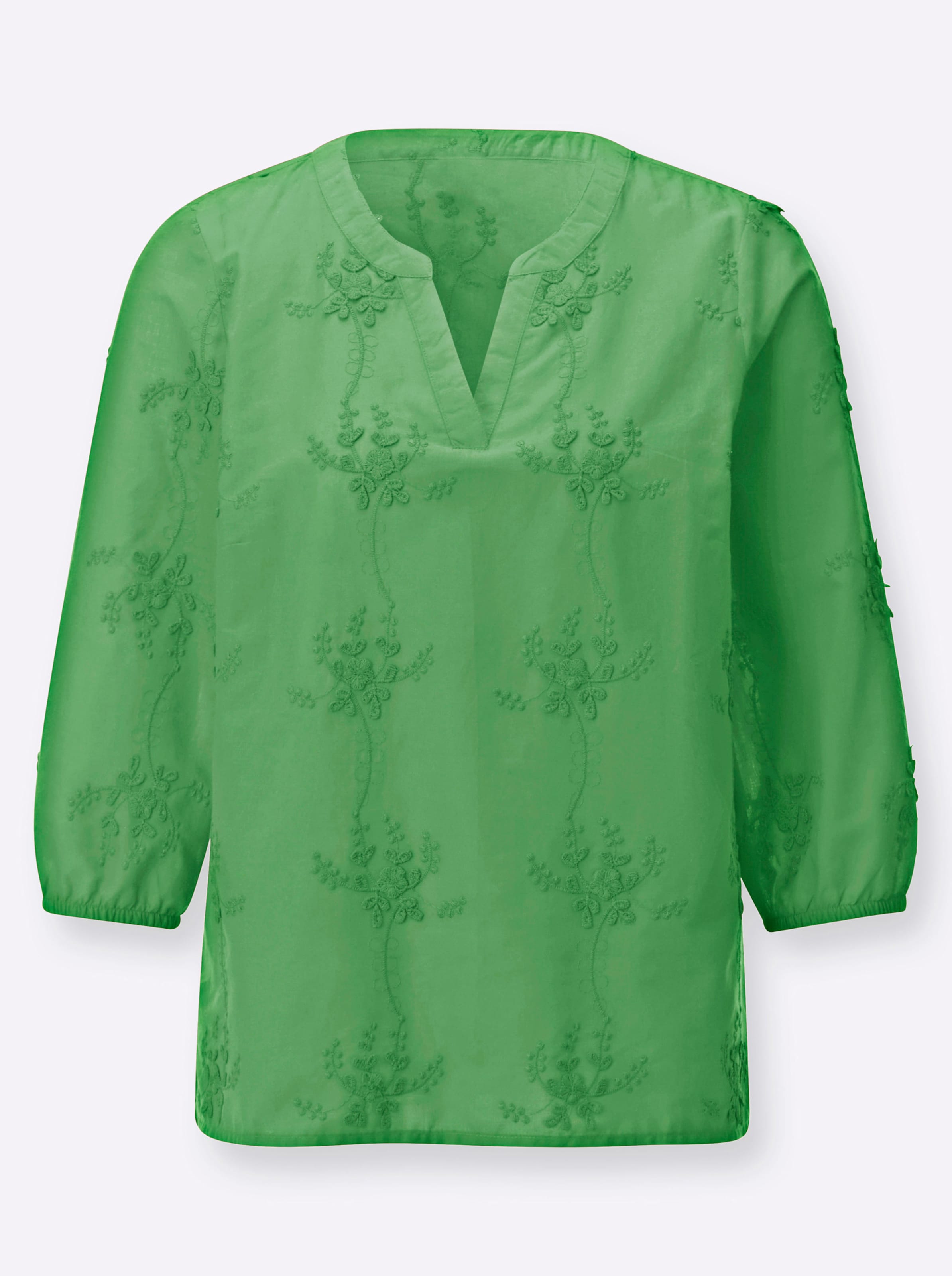 Inspirationen Damen Hellgrün Schlupfbluse Gr. 46, Grün (Apfel), 100% Baumwolle, Unifarben, V-Ausschnitt, Blusen Schlupfbluse - Bild 2