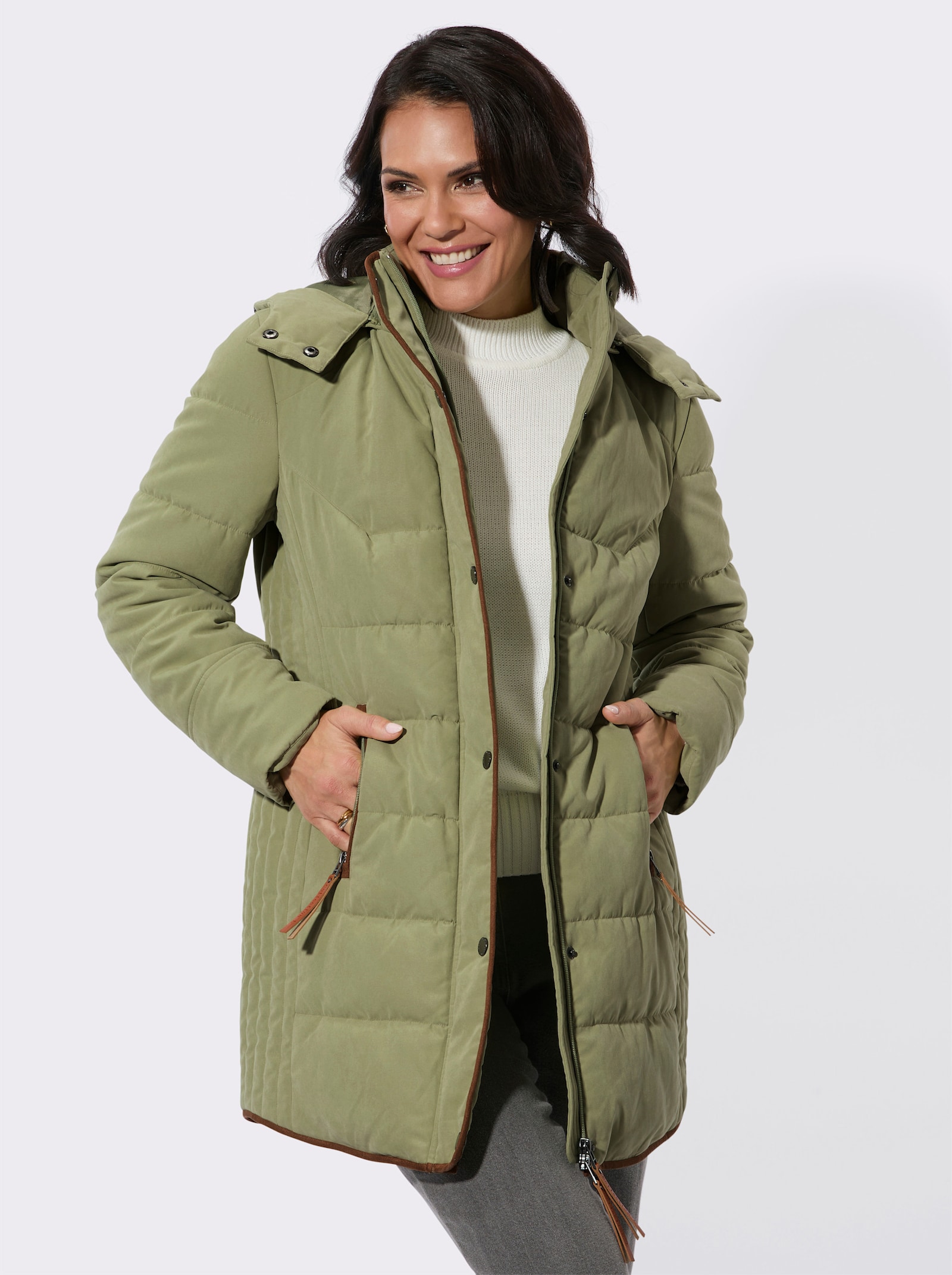 Longjacke mit Stehkragen und Kapuze - schilf