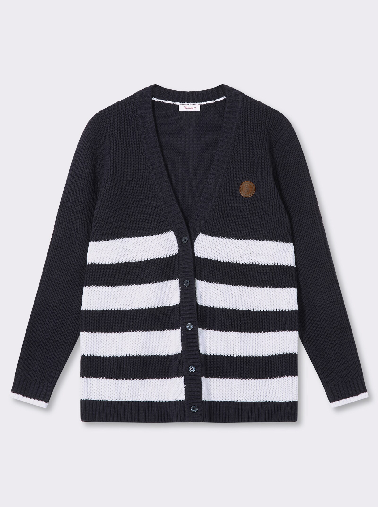 sheego Strickjacke mit Kontraststreifen - tiefblau-ecru-geringelt