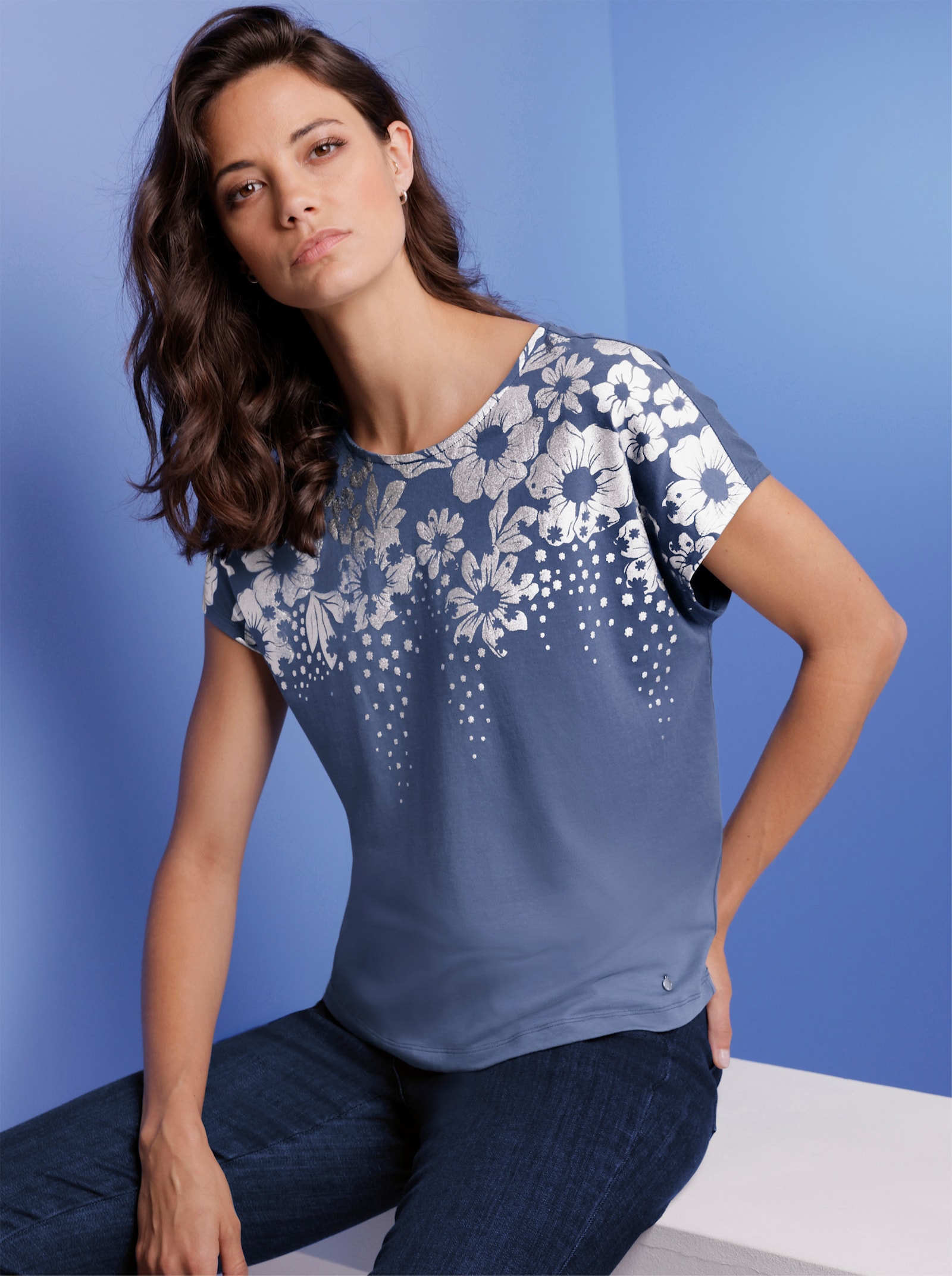 CREATION L PREMIUM Kurzarmshirt mit Foliendruck - rauchblau-bedruckt