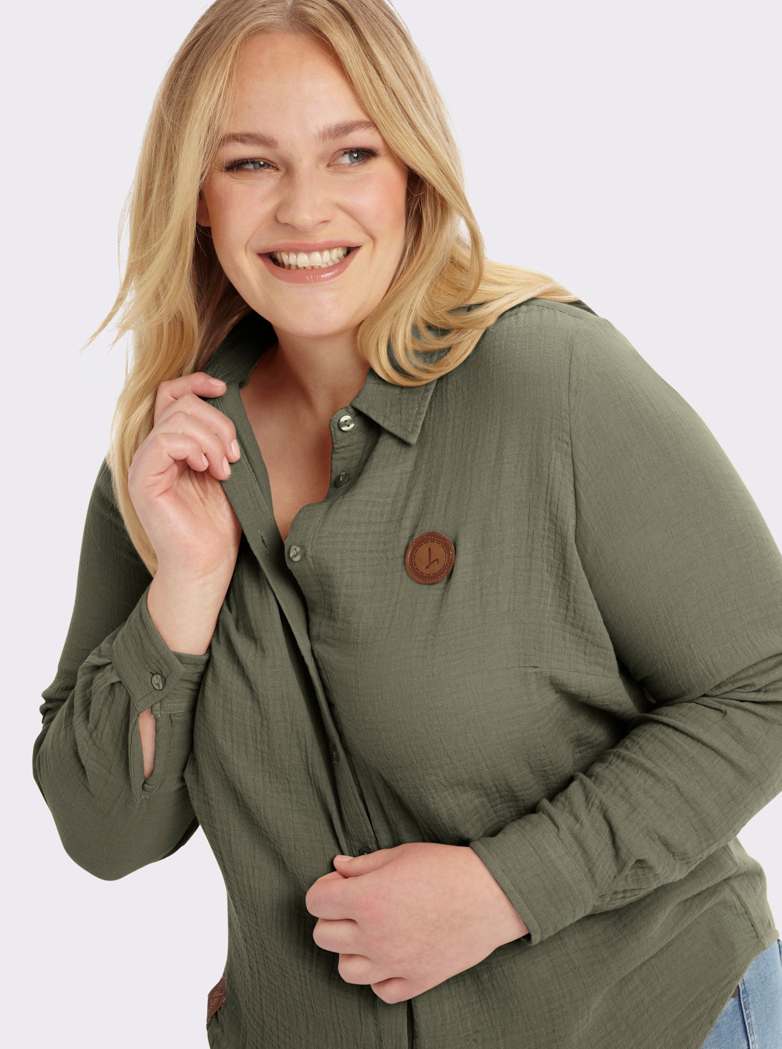 Baumwollbluse mit krempelbaren Ärmeln - khaki