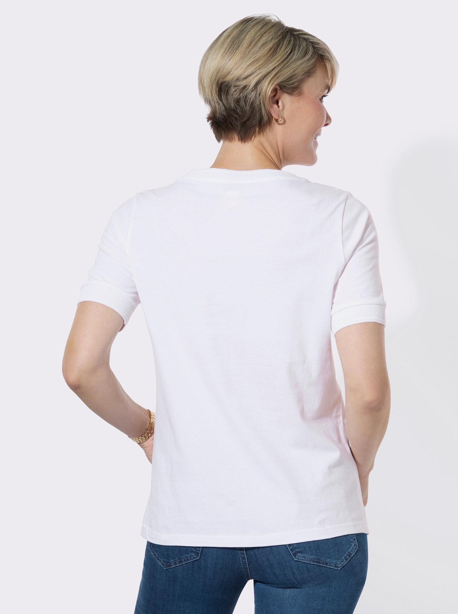 Rundhalsshirt mit Ajourmuster an Kragen und Ärmeln - weiß