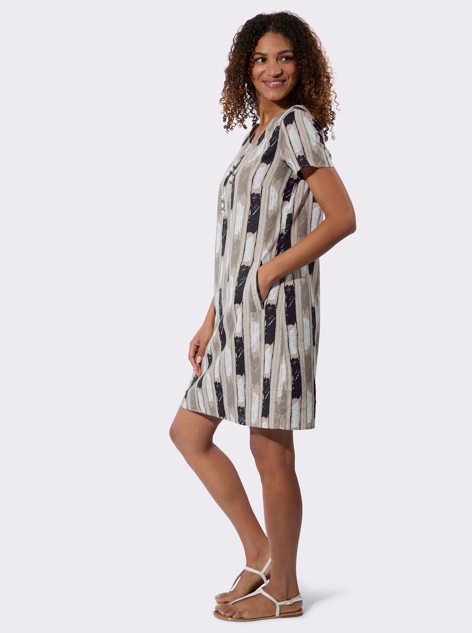 Druckkleid mit seitlichen Taschen - taupe-ecru