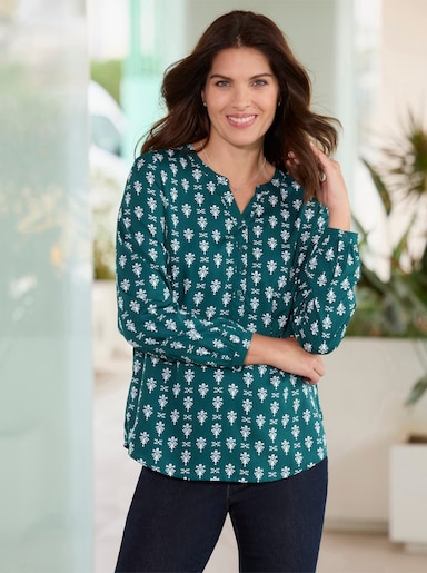 Schlupfbluse mit kurzer Knopfleiste - petrol-ecru-bedruckt