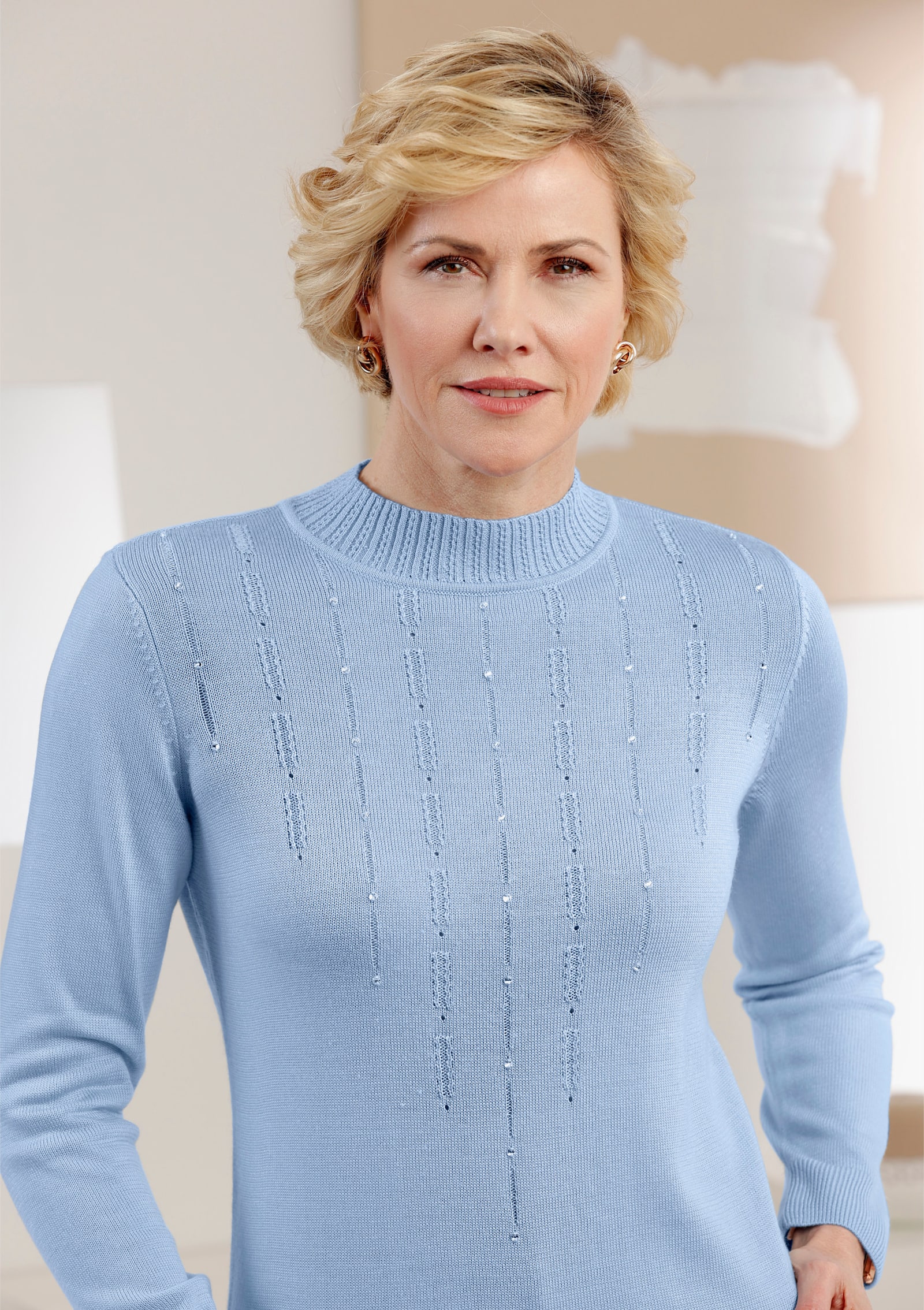 Stehkragenpullover mit Glitzerstein-Verzierung - eisblau