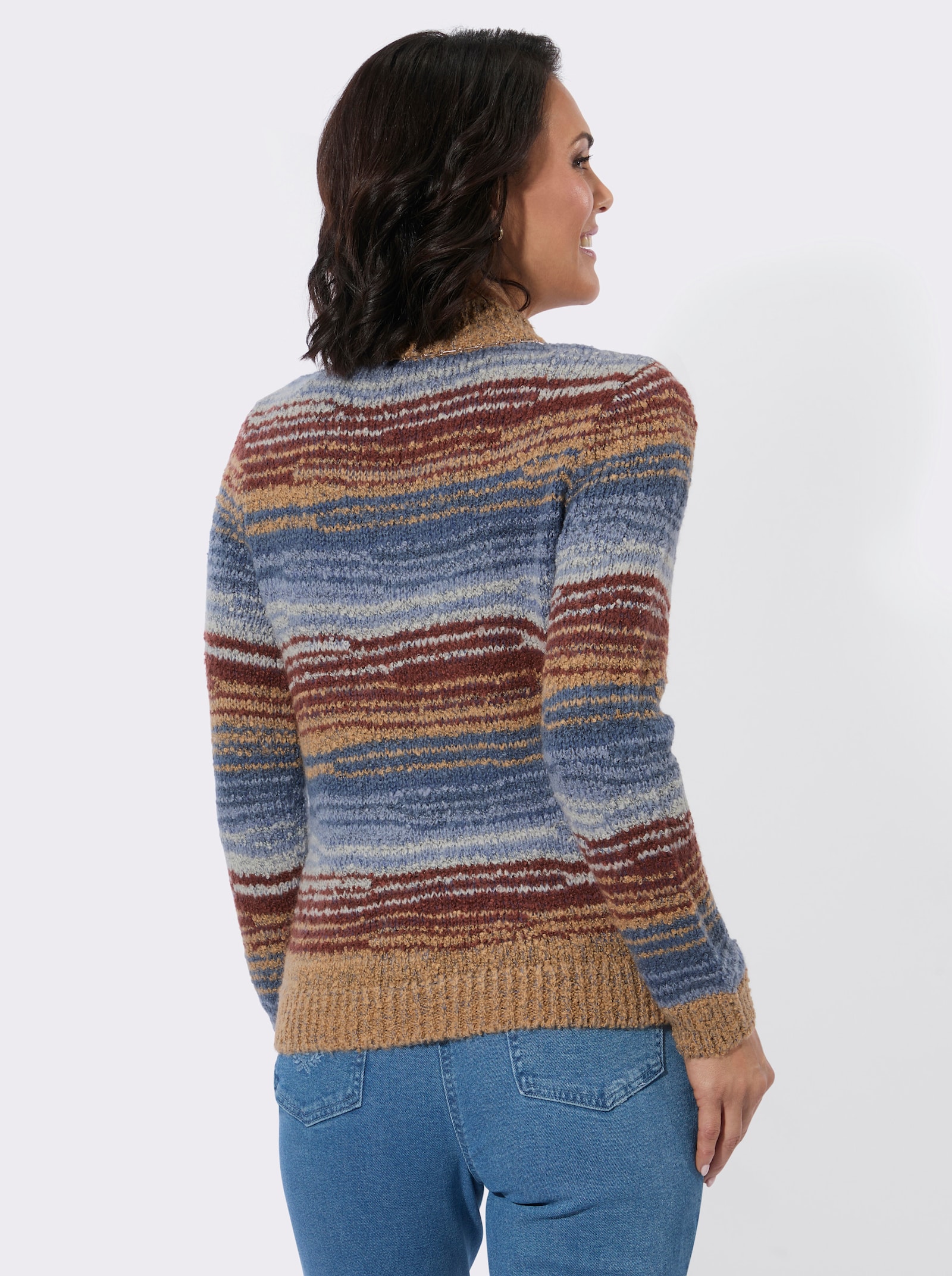 Bouclé-Pullover mit Multicolour-Streifen - rauchblau-camel-geringelt