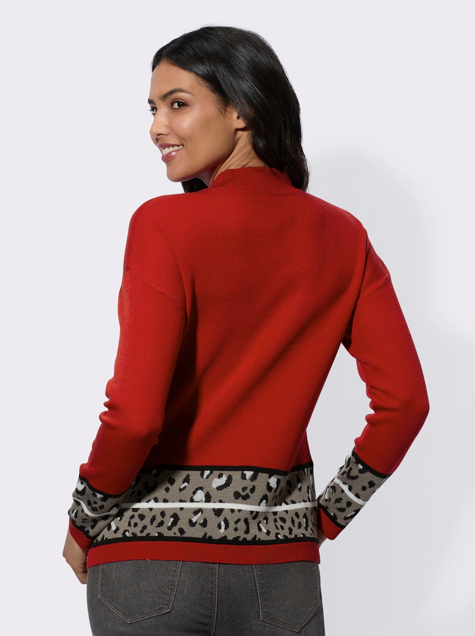 Langarm-Pullover mit Jacquard-Bordüren - rot