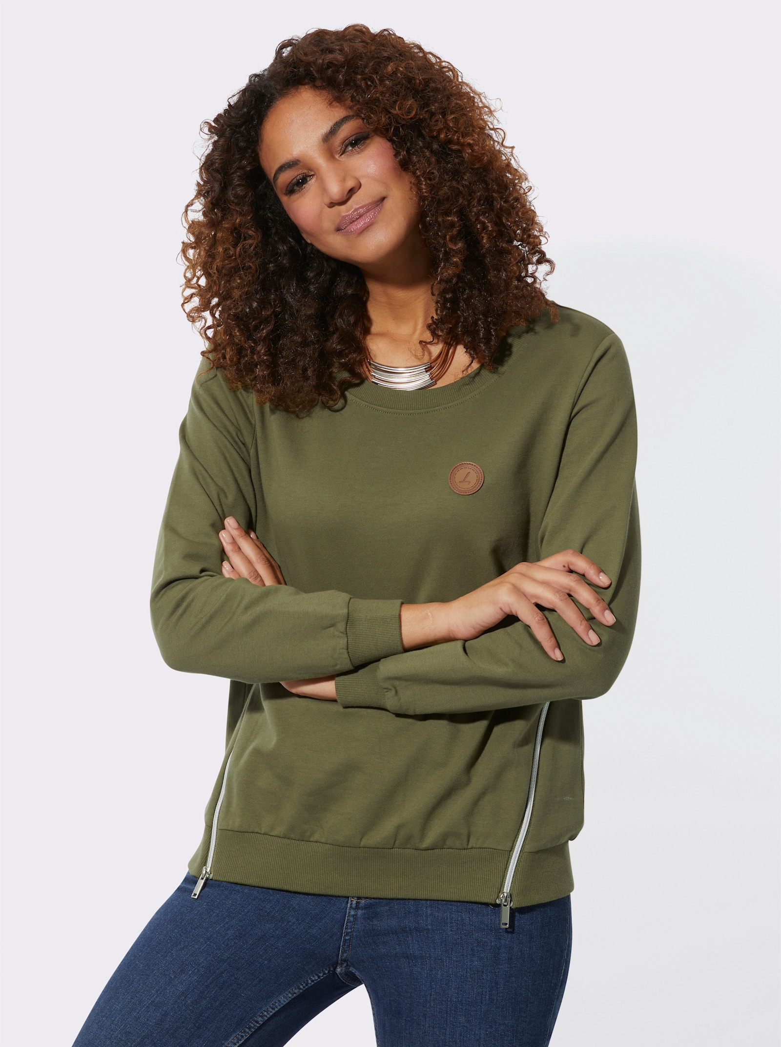 Sweatshirt mit Rippbündchen - oliv