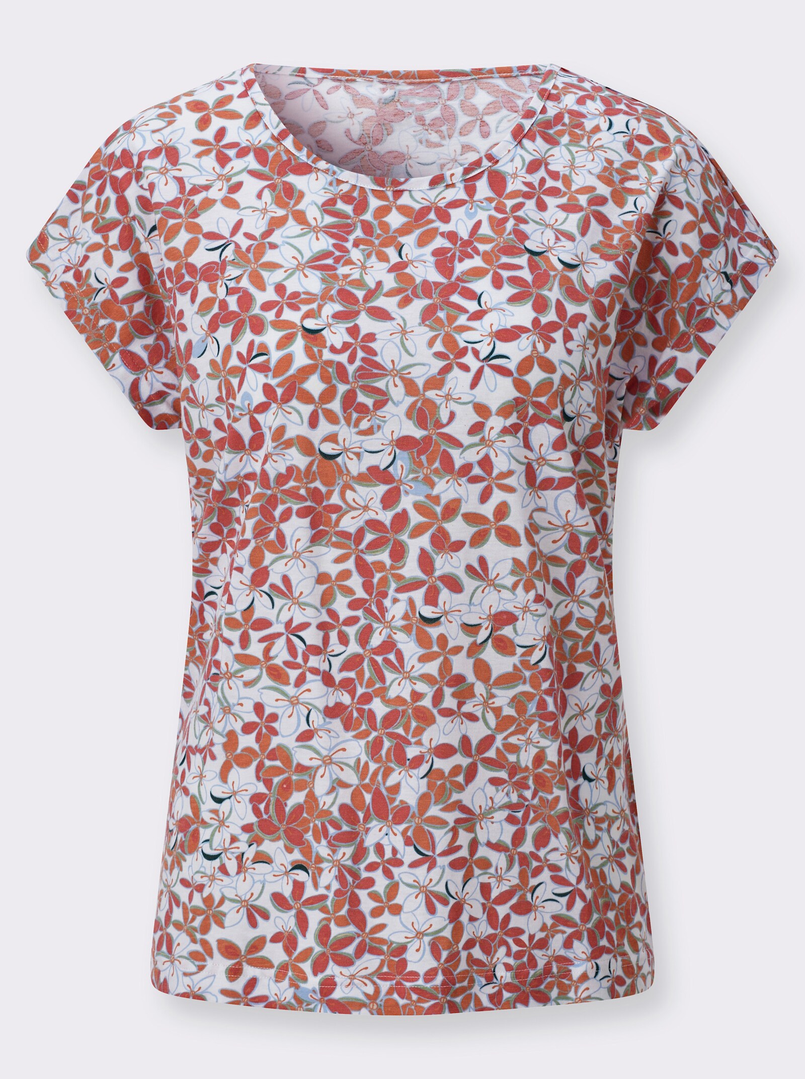 Rundhalsshirt mit überschnittenen Schultern - papaya-eucalyptus-bedruckt