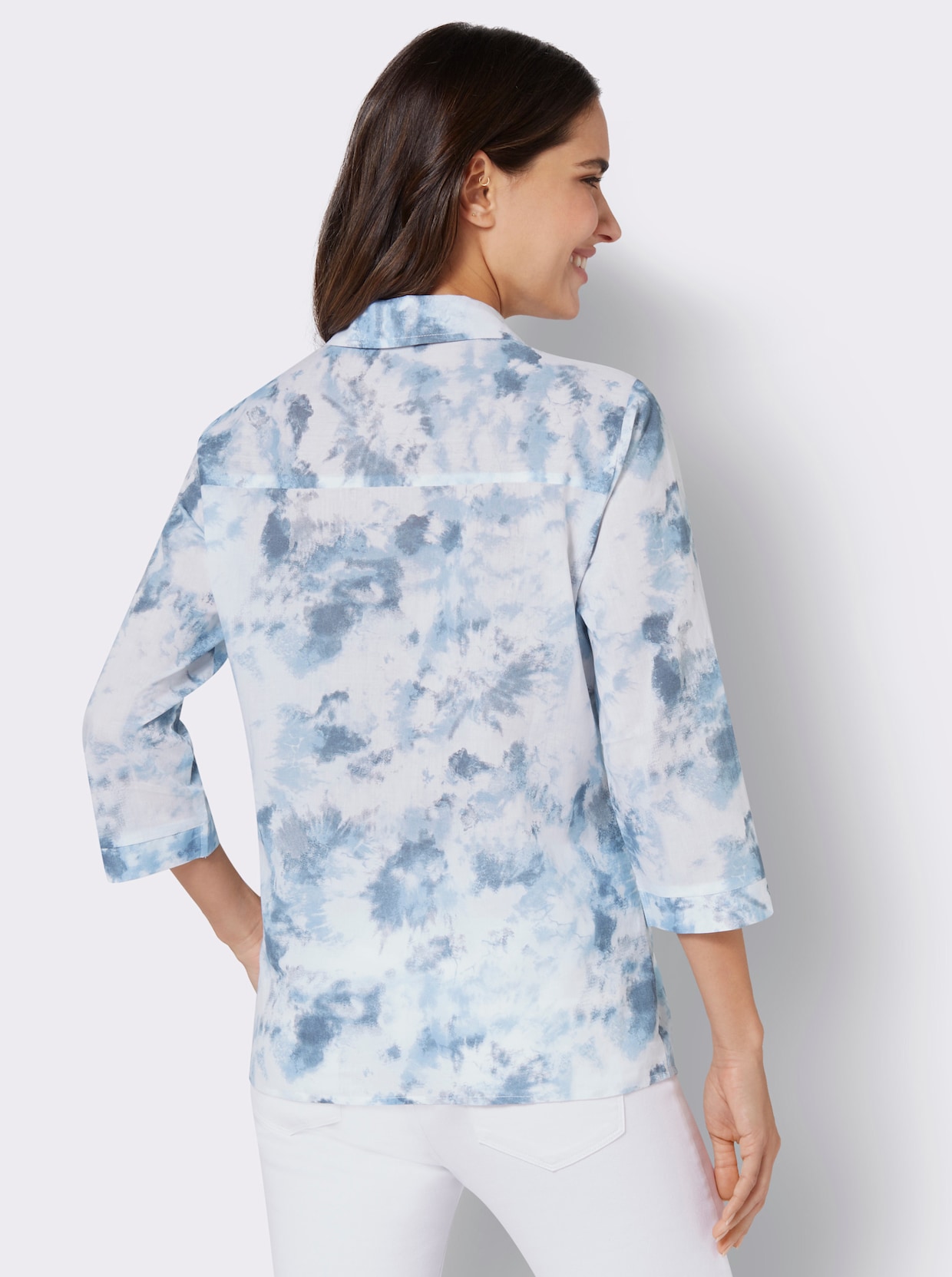 Comfortabele blouse - ecru/duivenblauw bedrukt