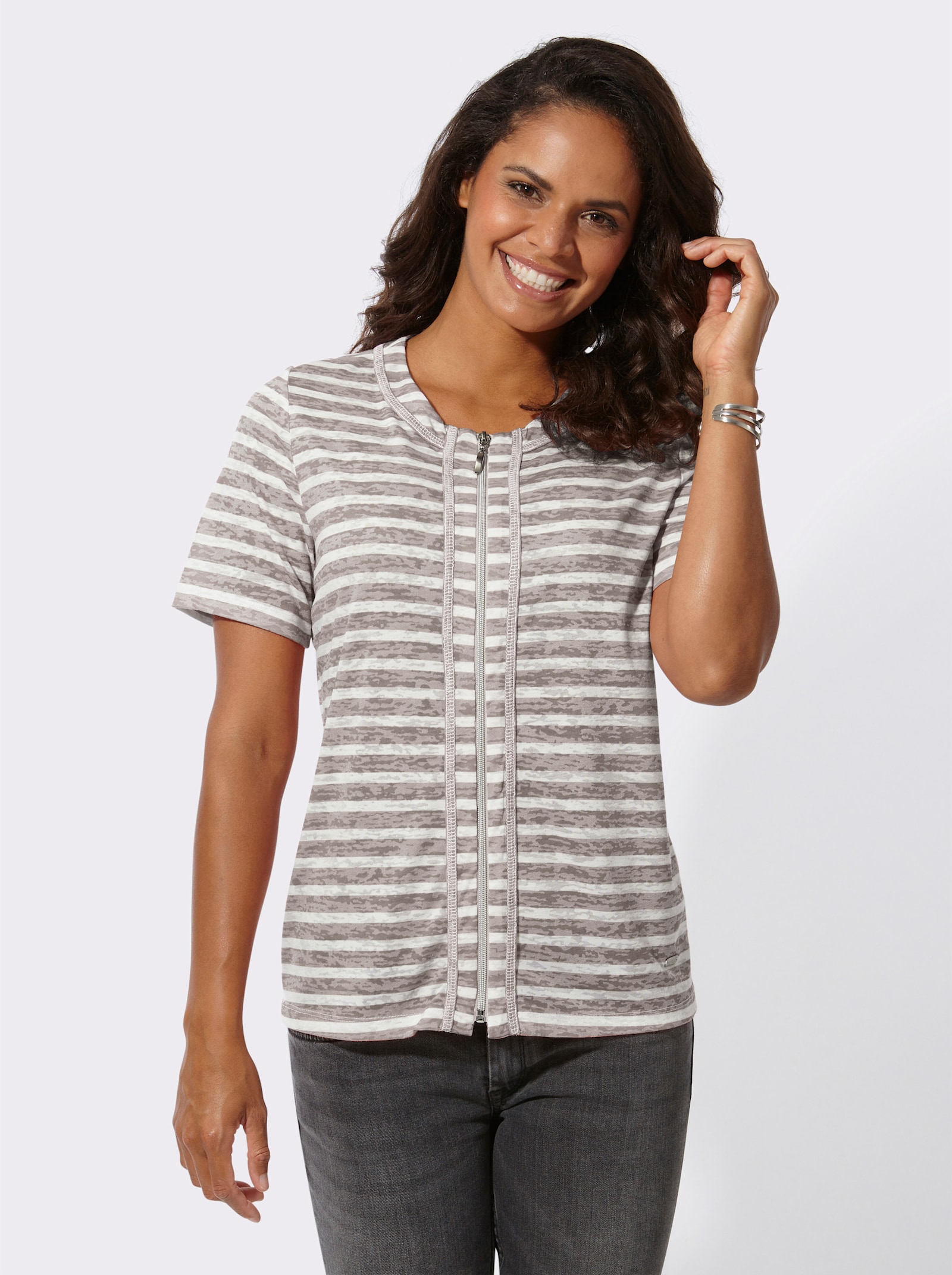 Shirtjacke mit kurzen Ärmeln, geringelt - taupe-ecru-geringelt