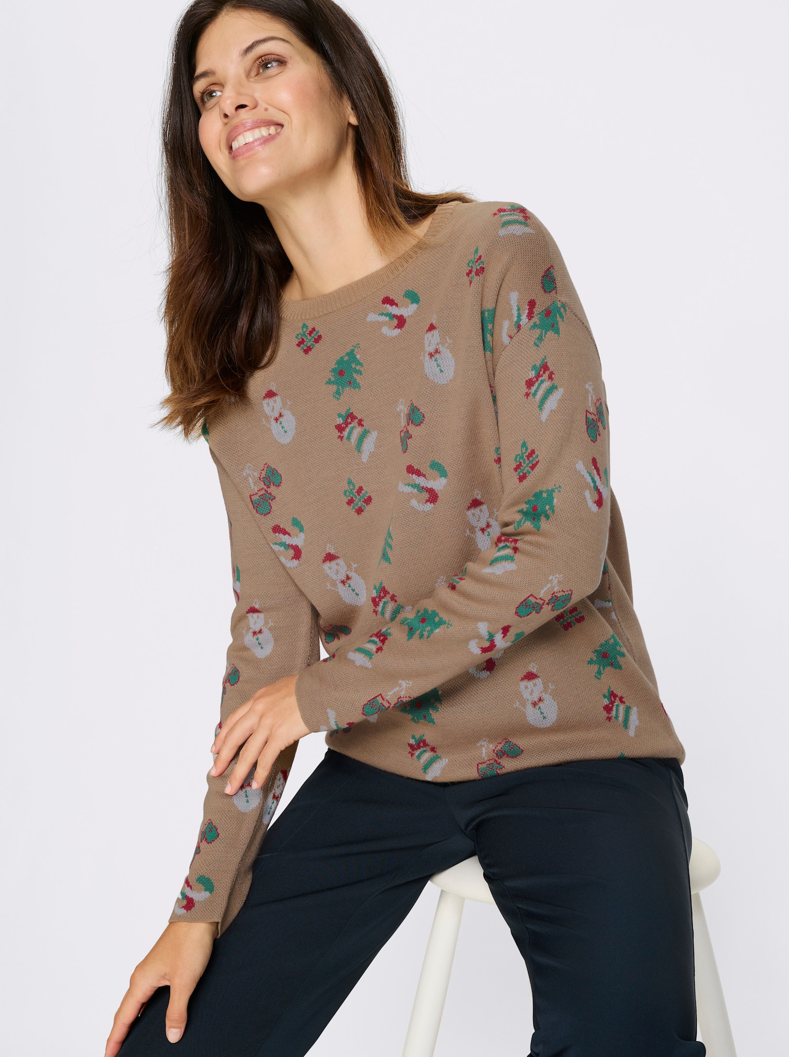 Langarm-Pullover mit weihnachtlichem Jacquardmuster - camel-grün-gemustert