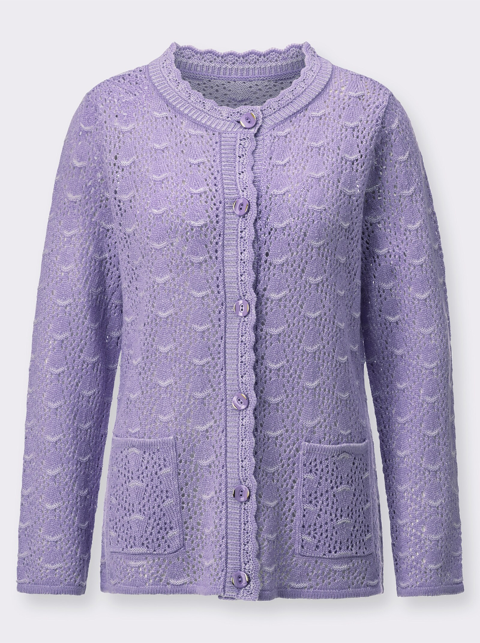  Ajourstrickjacke mit gebogten Abschlüssen - lavendel-meliert