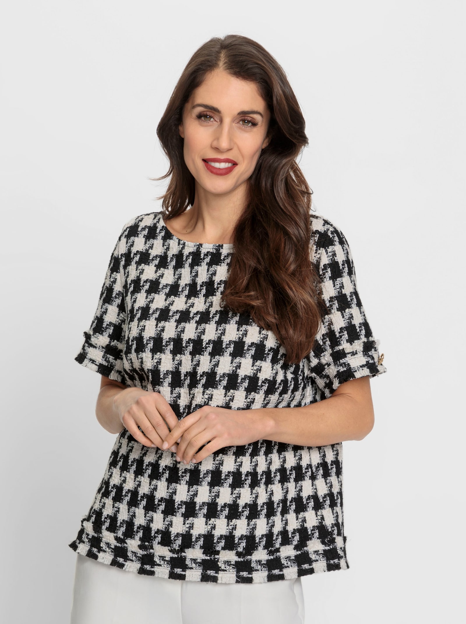heine Kurzarm-Bluse mit Pepita-Muster - schwarz-ecru Pepita
