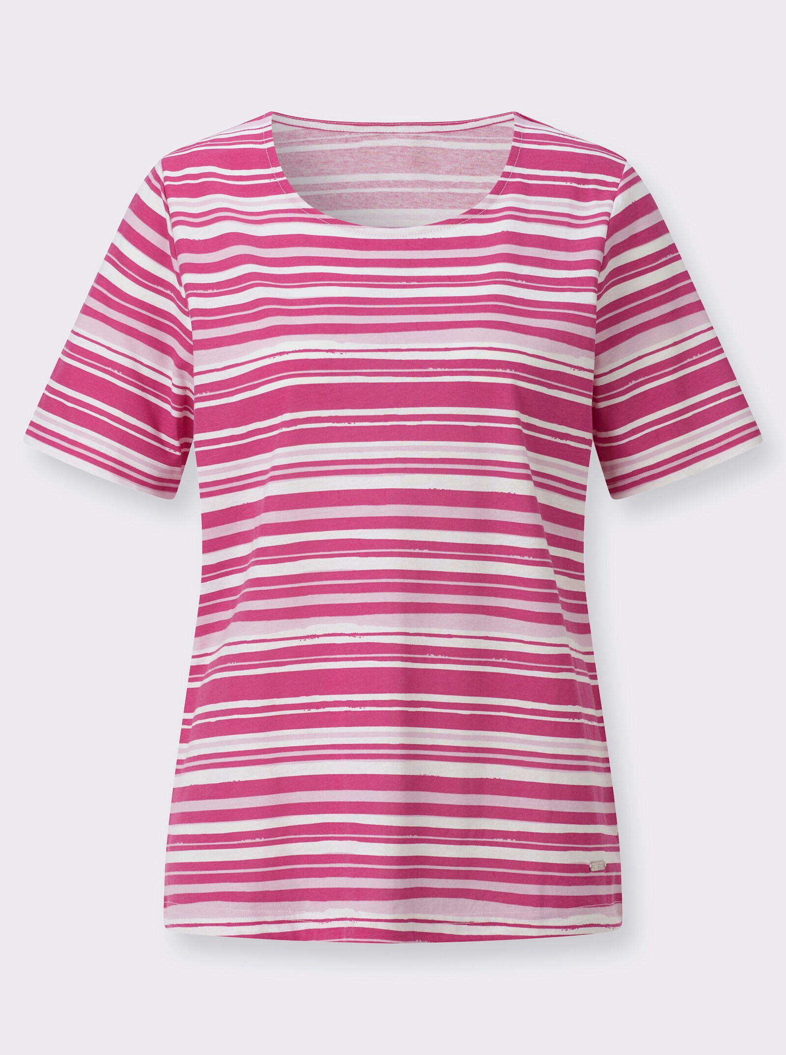 Kurzarmshirt im Ringel-Dessin - fuchsia-ecru-bedruckt