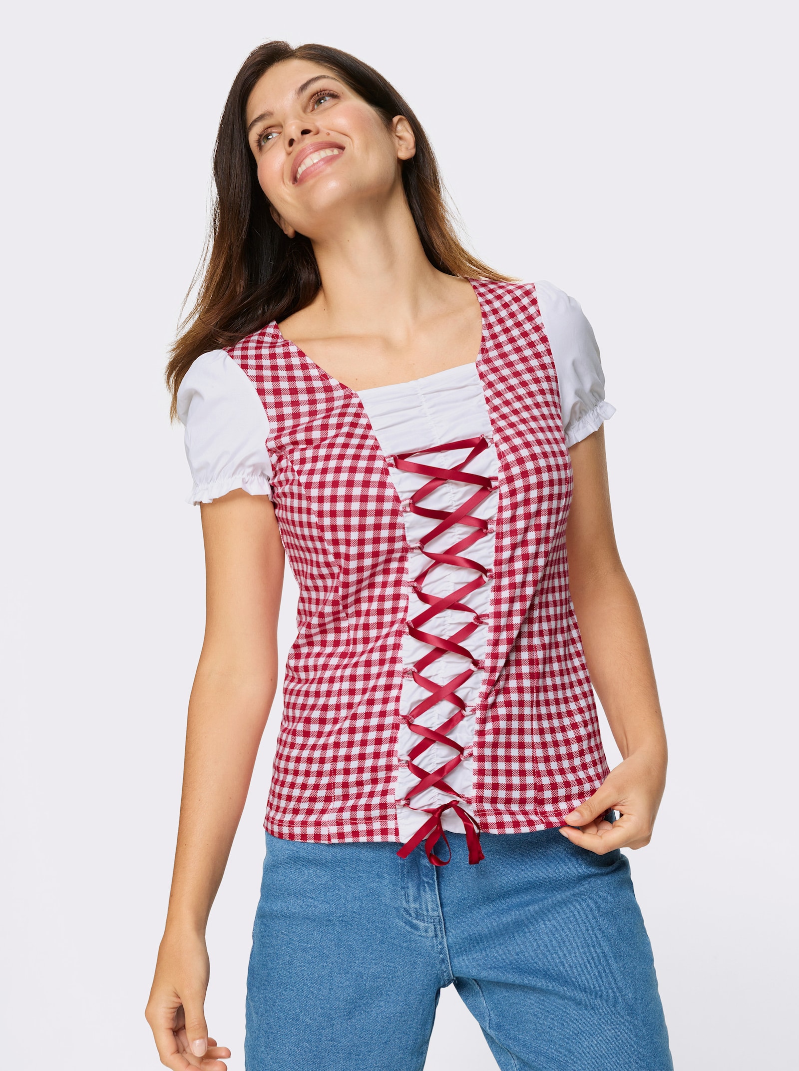 Tradičné tričko, hranatý výstrih - Červená – biela