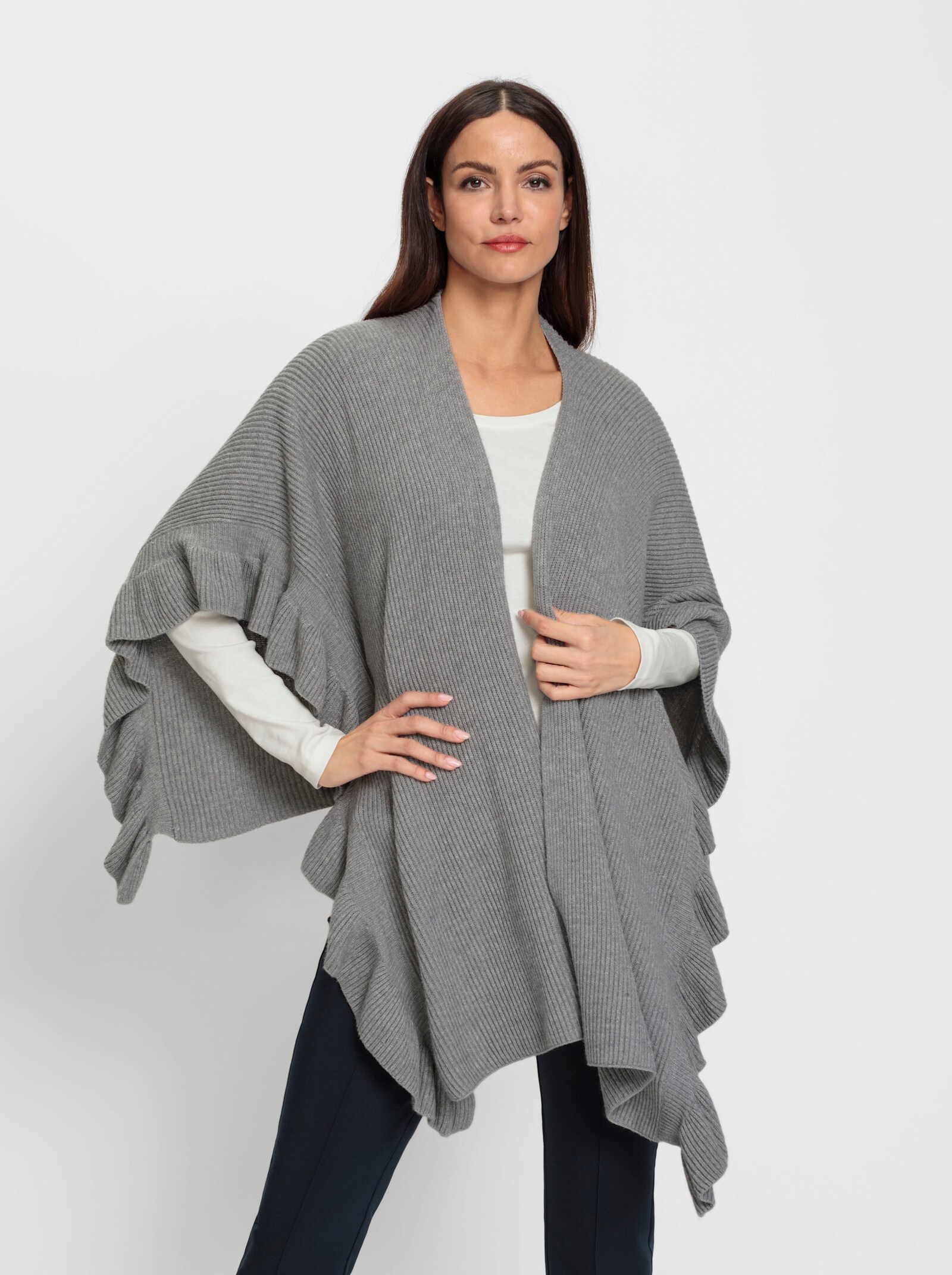 heine Gebreide poncho met volants - grijs gemêleerd