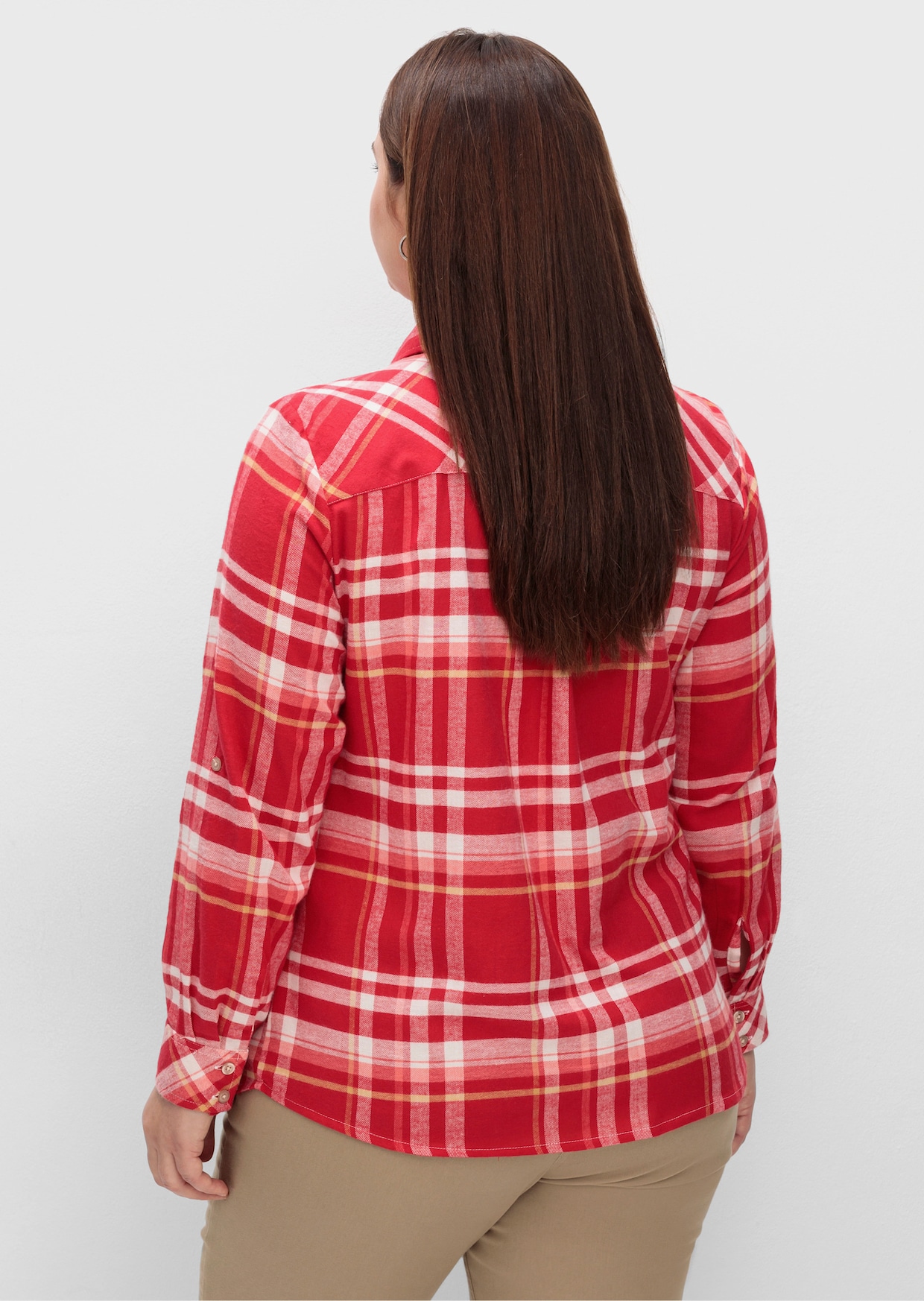 Flanellbluse mit krempelbaren Ärmeln - rot-camel-kariert