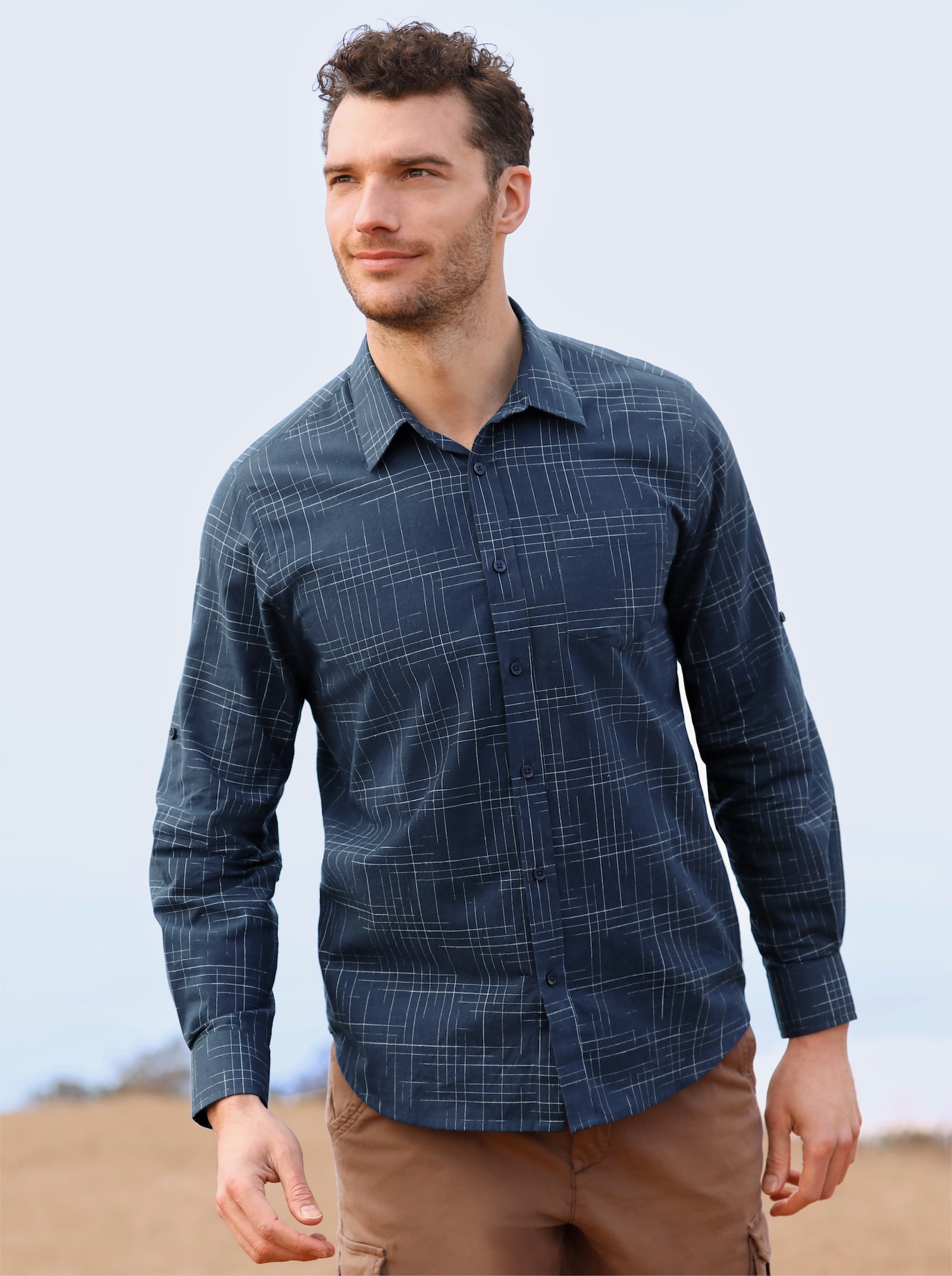 Catamaran Overhemd met lange opstroopbare mouwen - donkerblauw gedessineerd