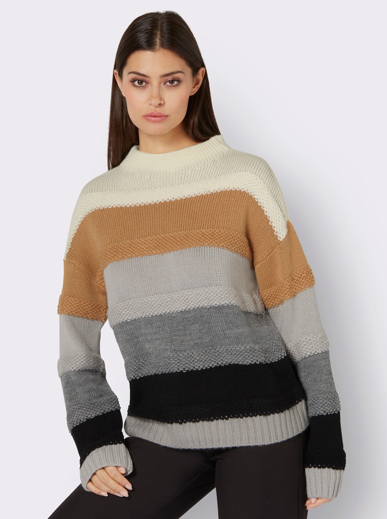 Merino-Mix-Pullover - grau-camel-geringelt