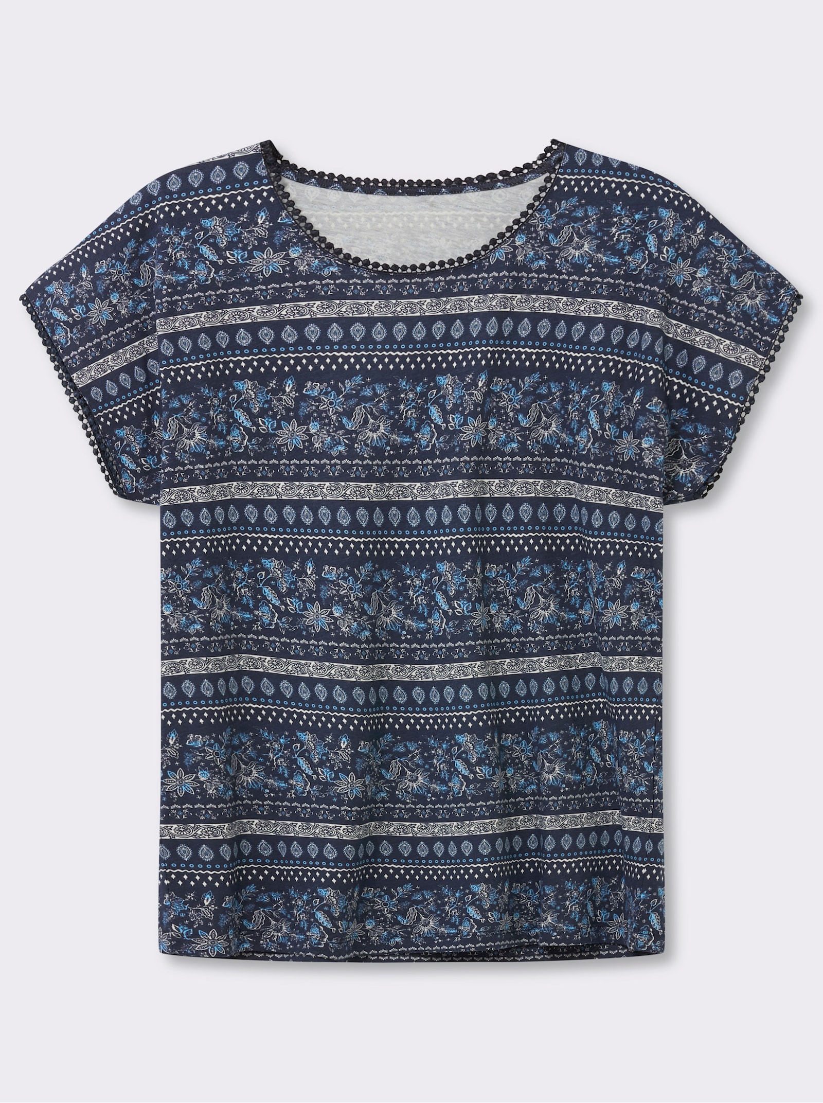  Print-Shirt mit Spitzenborte - marine-ecru-bedruckt
