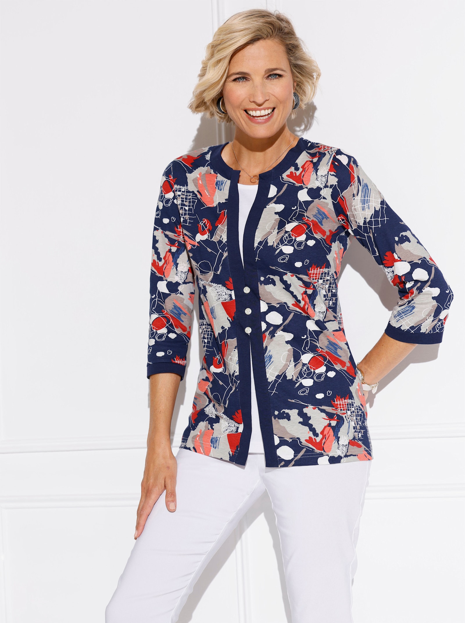 2-in-1-Shirt mit 3/4-Ärmeln - marine-koralle-bedruckt