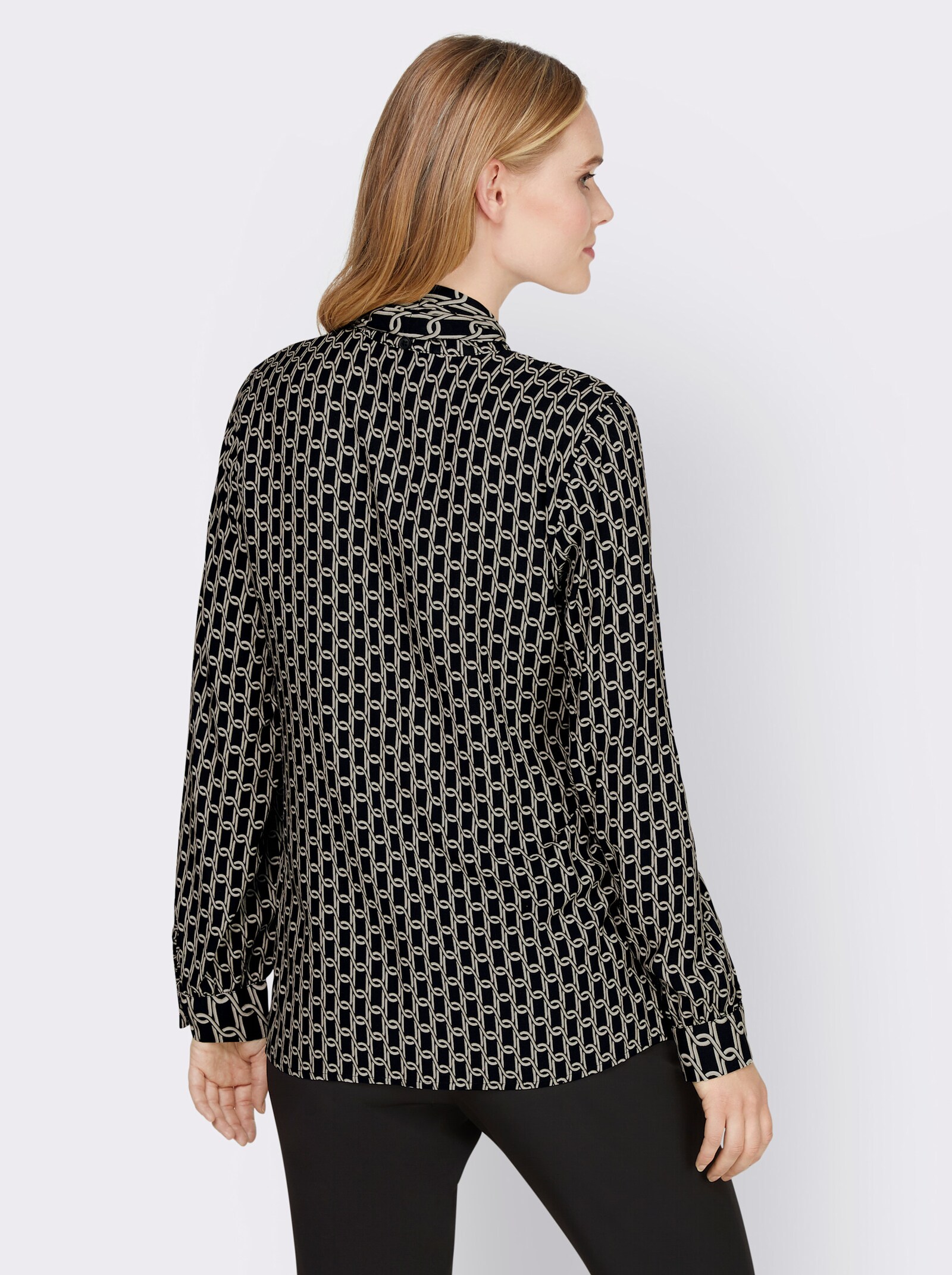 heine Comfortblouse in grafisch dessin - zwart/champagne bedrukt