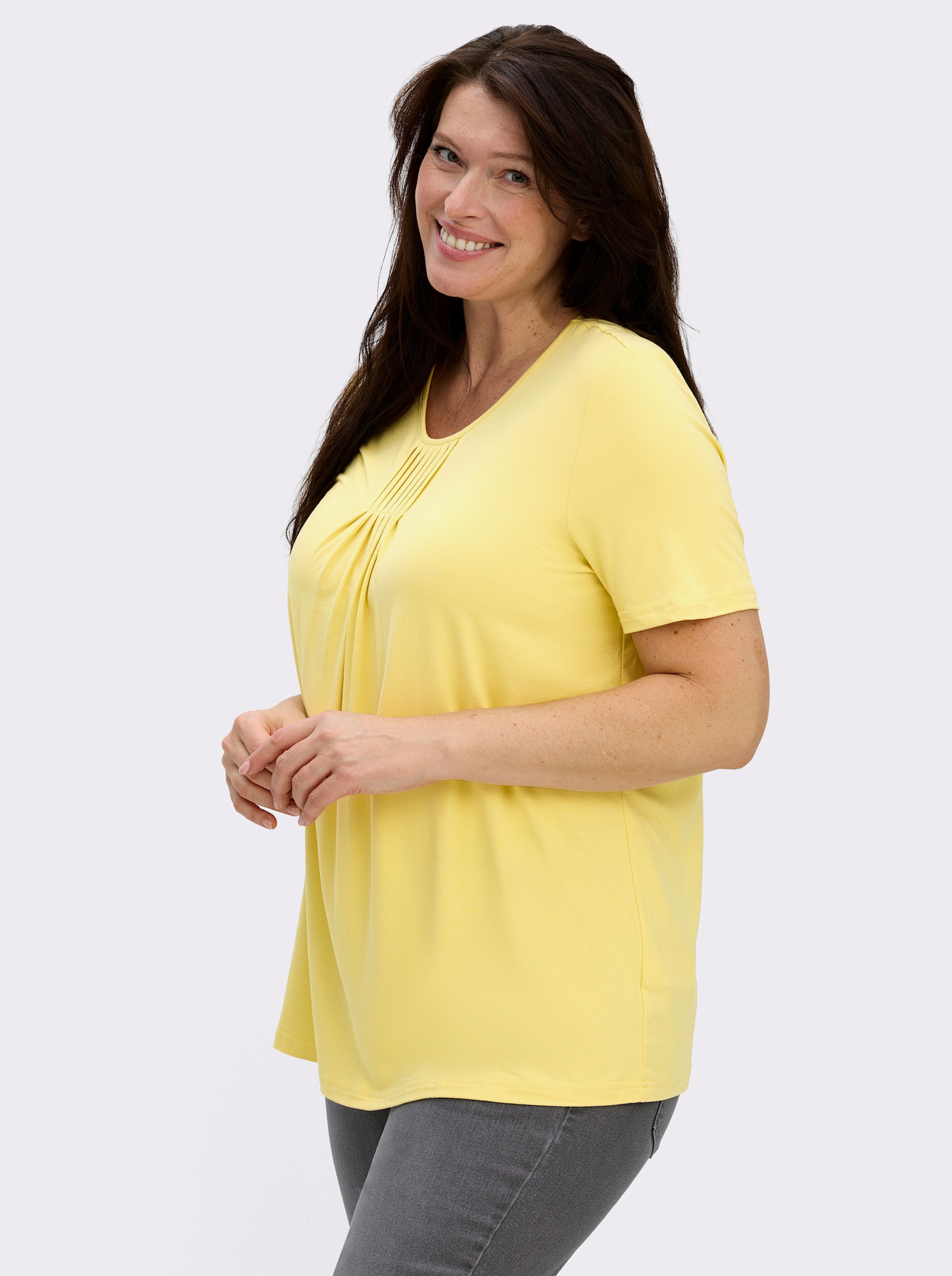  Rundhalsshirt in A-Form mit Falten - zitrone