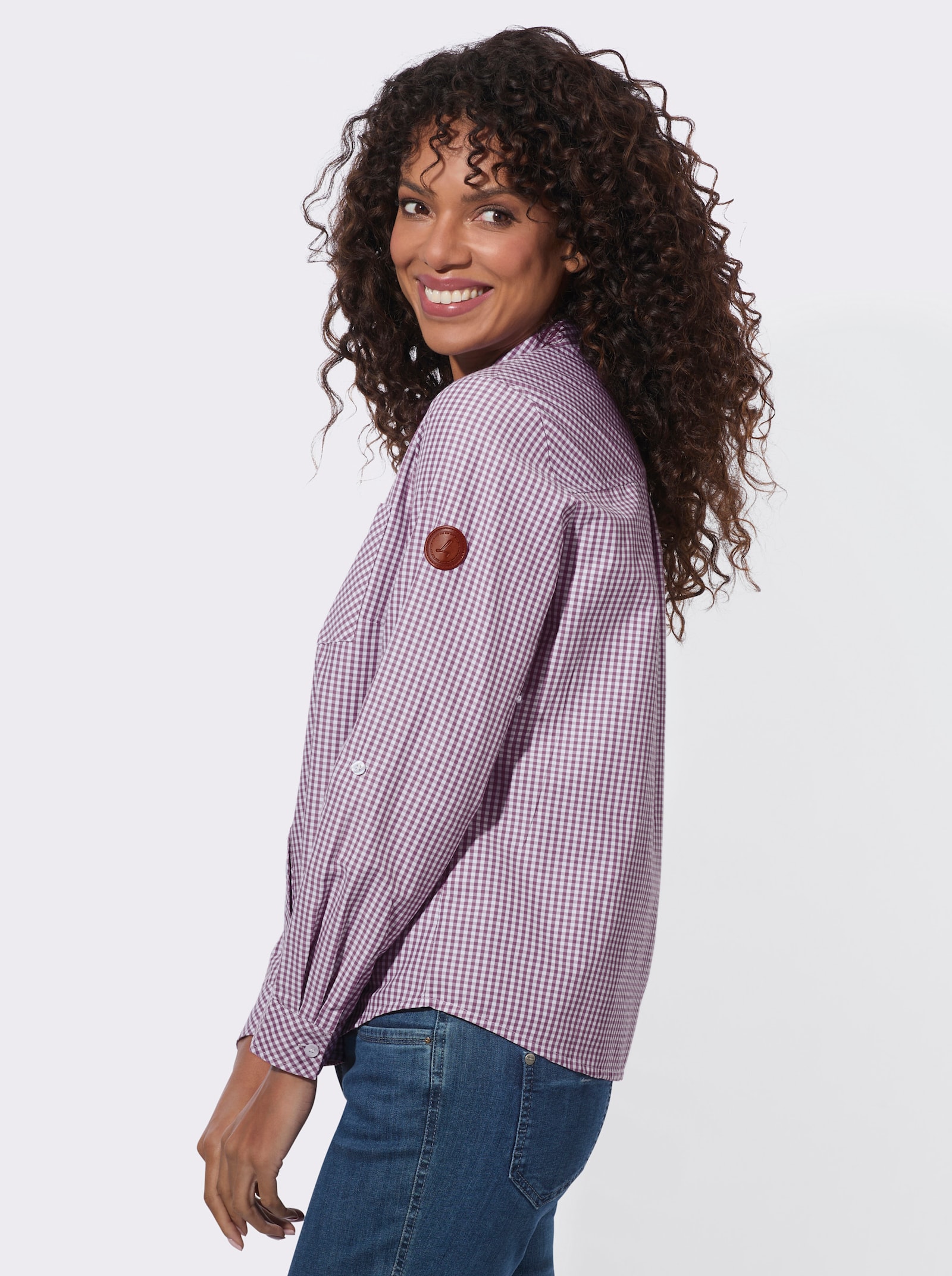 Karobluse mit Brusttaschen - violett-weiß-kariert