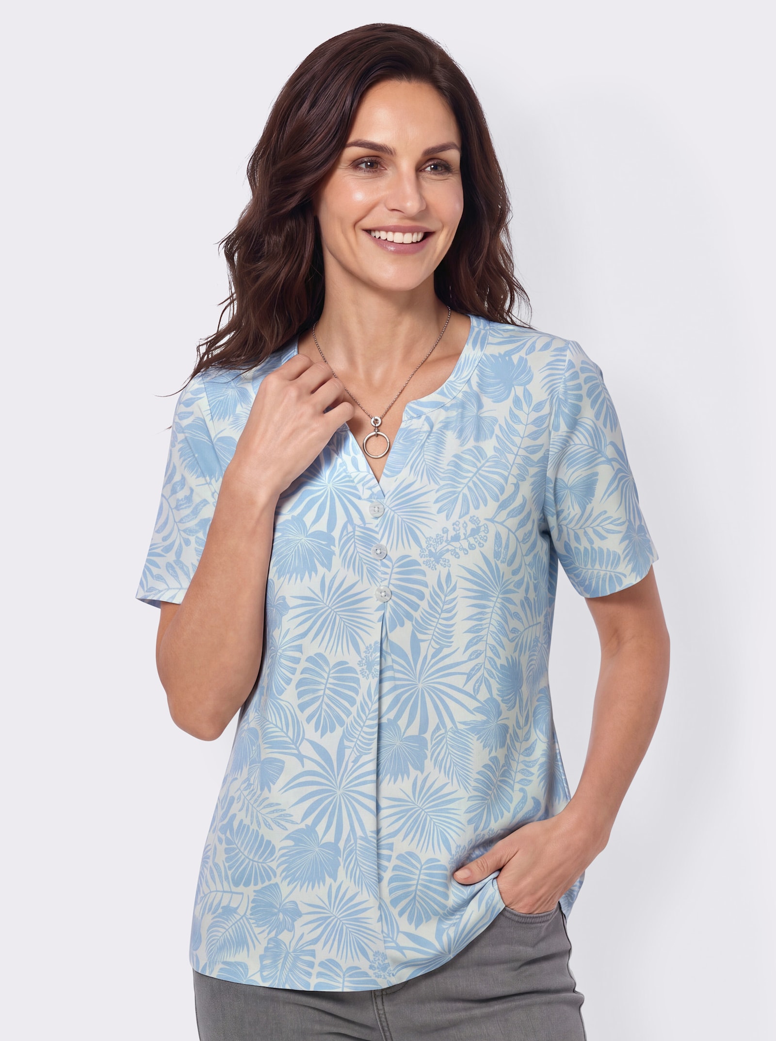 Print-Shirt mit Zierknöpfen - eisblau-ecru-bedruckt