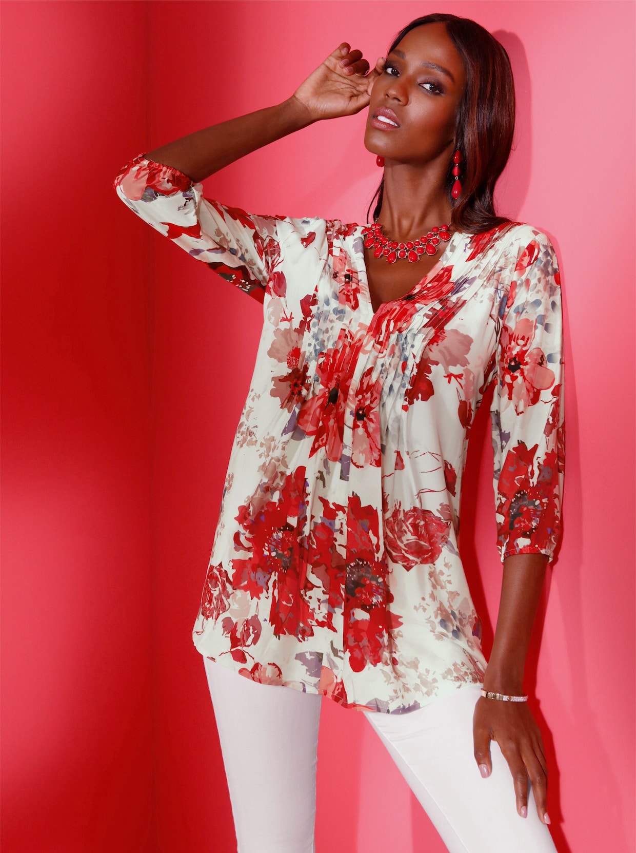 Longbluse - weiß-erdbeere-bedruckt