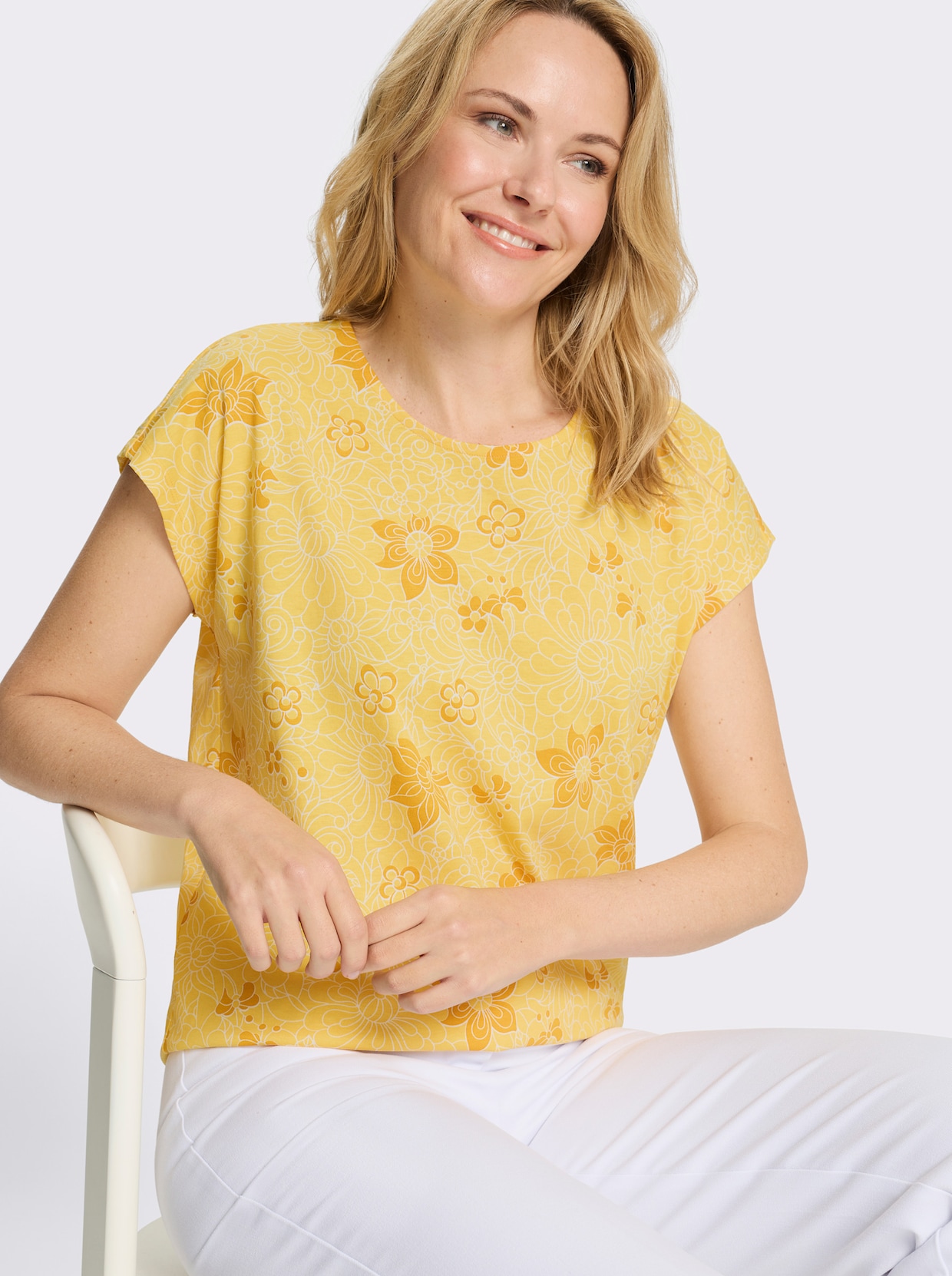 Kurzarmshirt mit Blumenprint - gelb-ocker-bedruckt