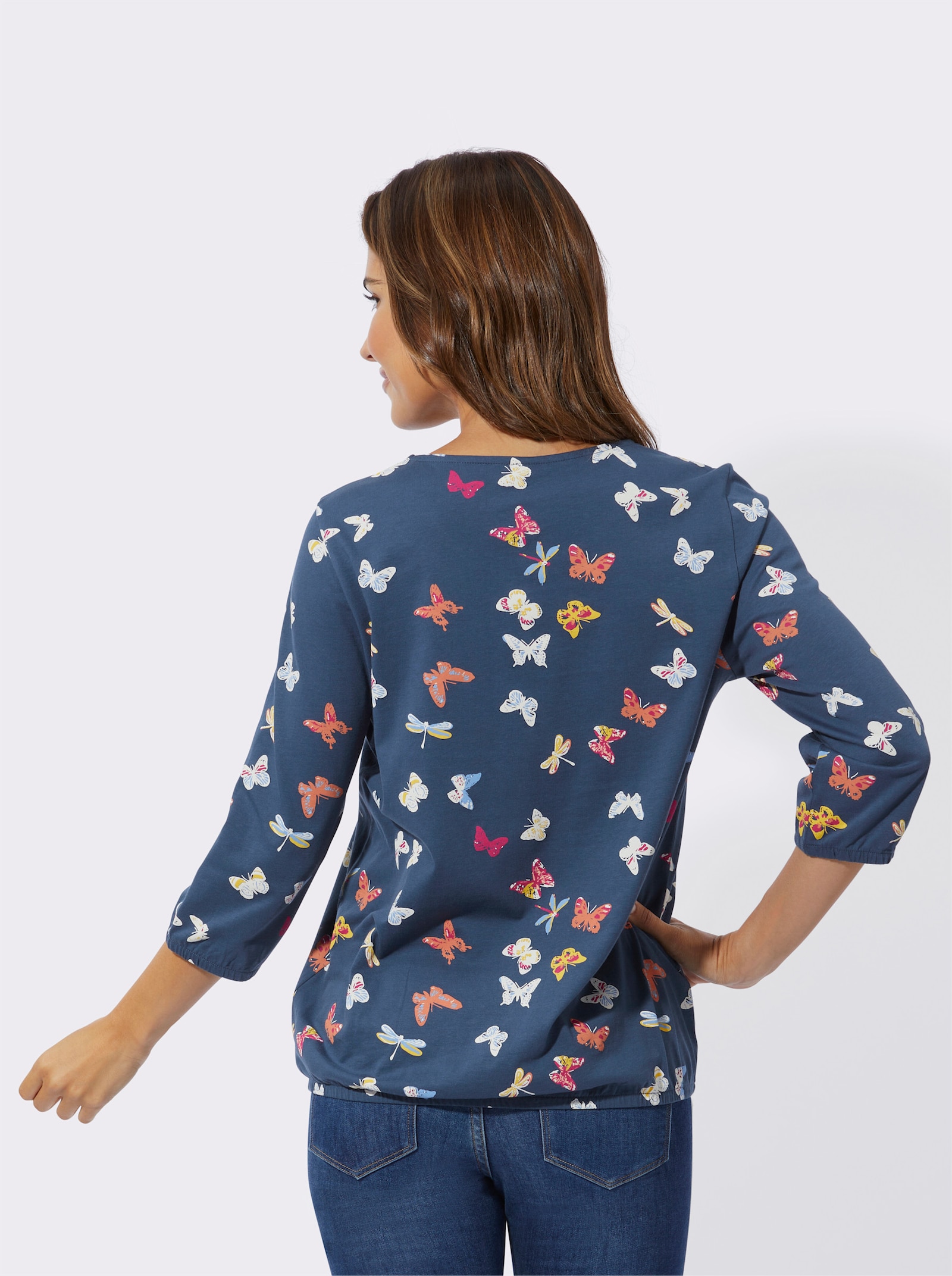 3/4-Arm-Shirt mit Schmetterlings-Druck - dunkelblau-ecru-bedruckt