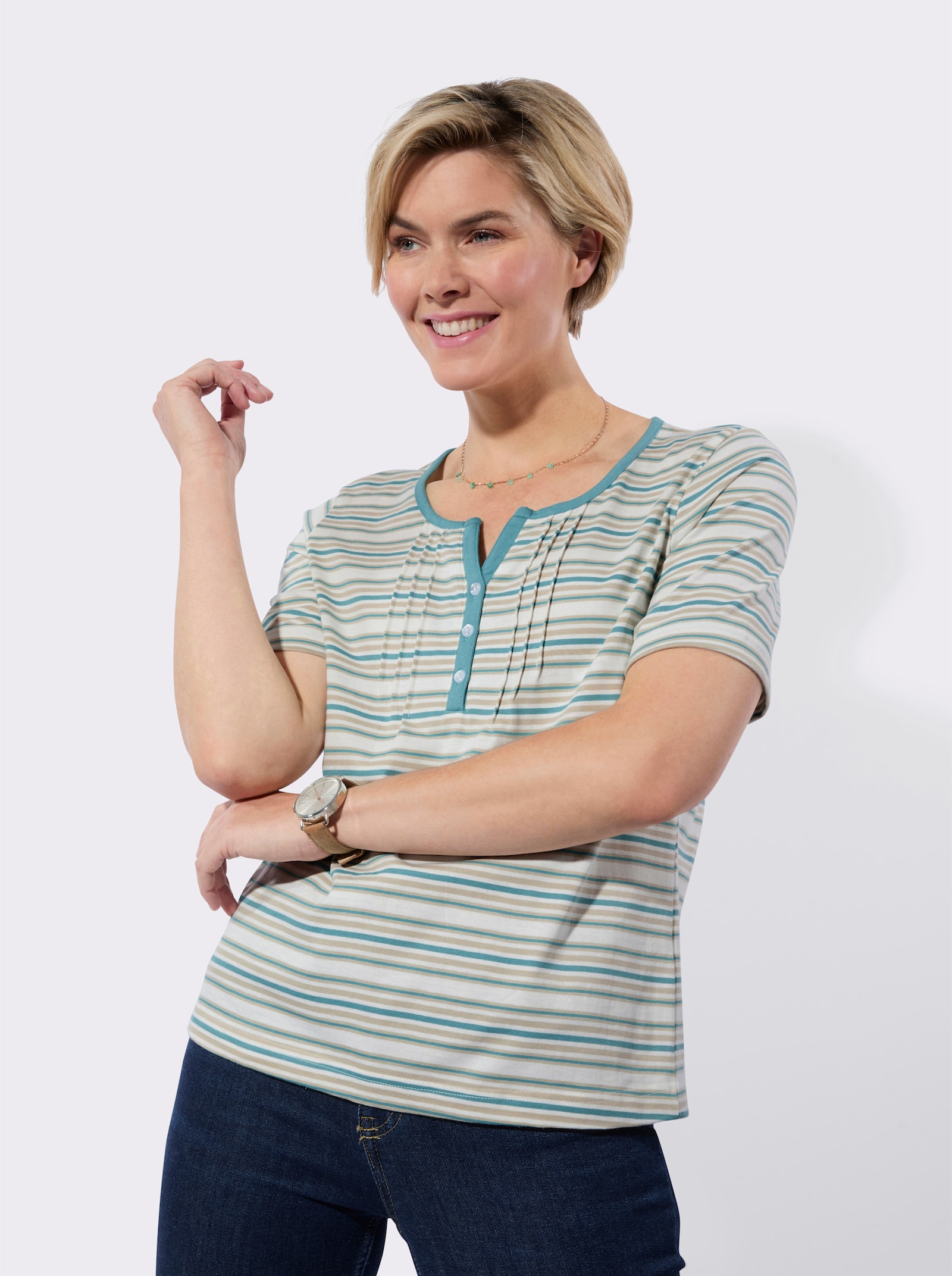 Shirt mit Biesenverzierung - ecru-ozean-geringelt