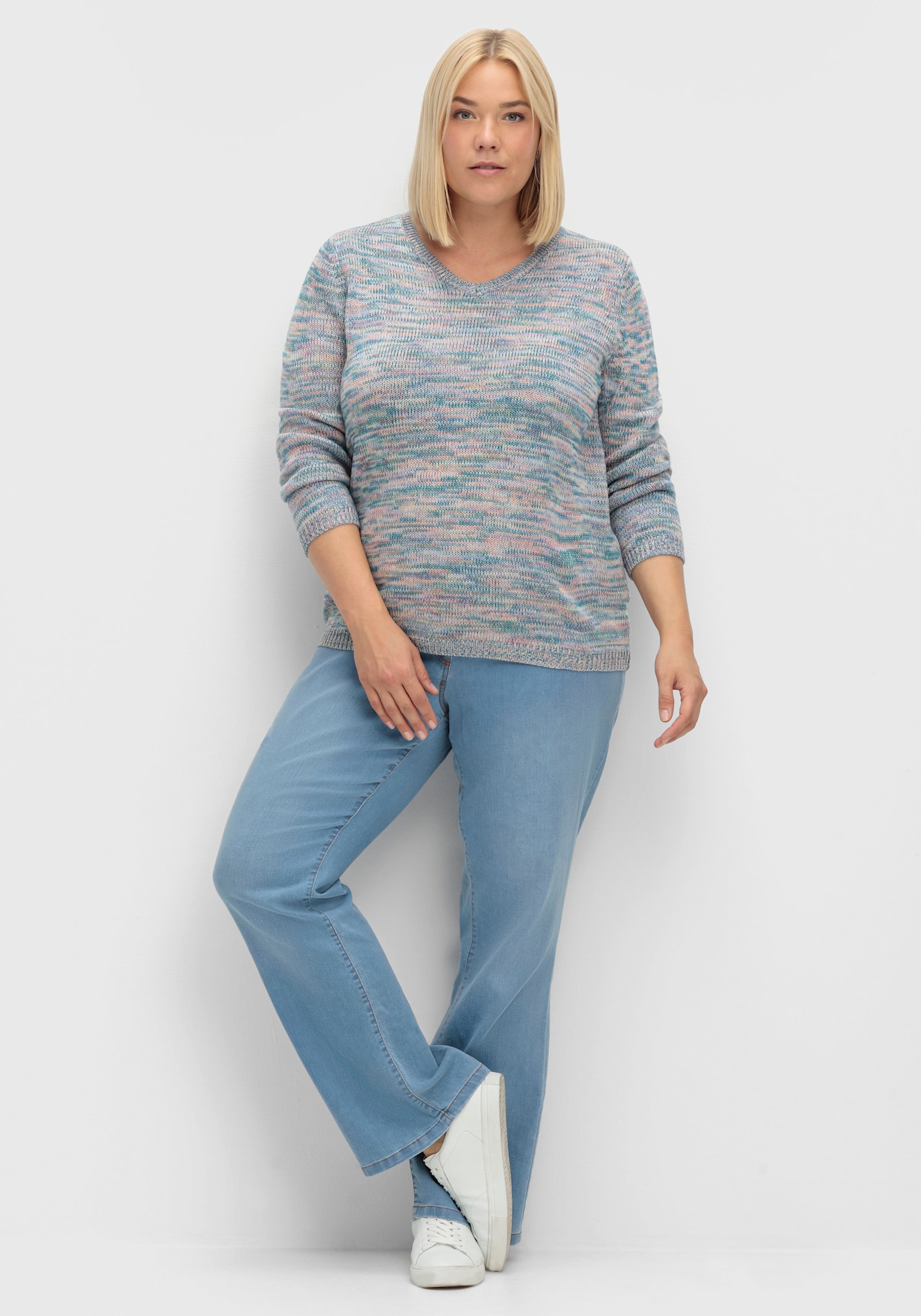Langarm-Pullover aus Melange-Garn - mittelblau-flamingo-meliert