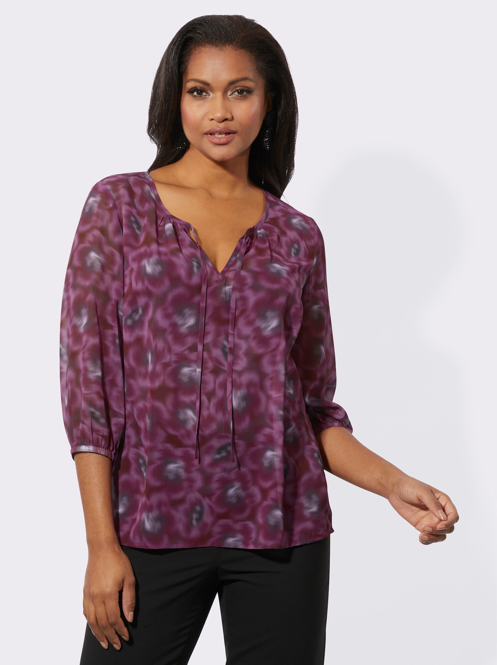 Blouse van transparant materiaal - bordeauxrood/lila bedrukt