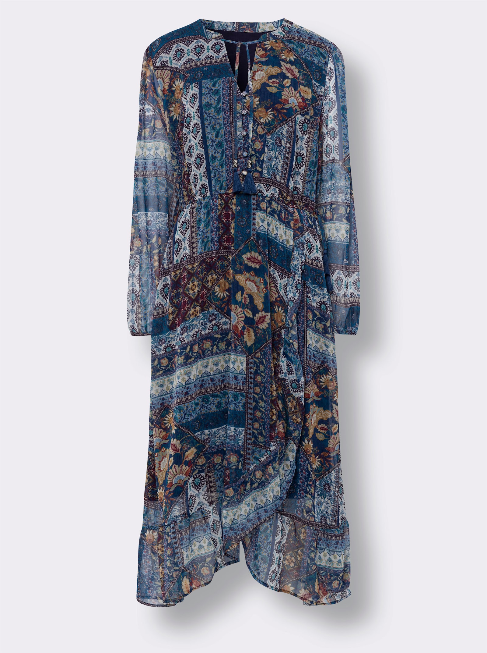 heine Jurk met print en elastische mouwboordjes - marine/oker bedrukt