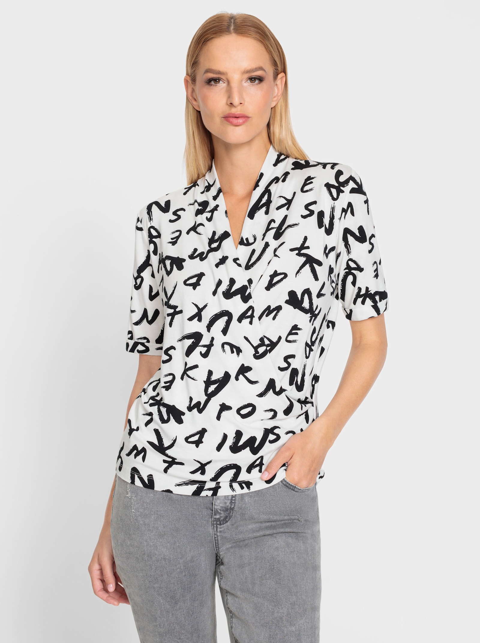 heine Kurzarmshirt in Wickel-Optik - weiß-schwarz-bedruckt