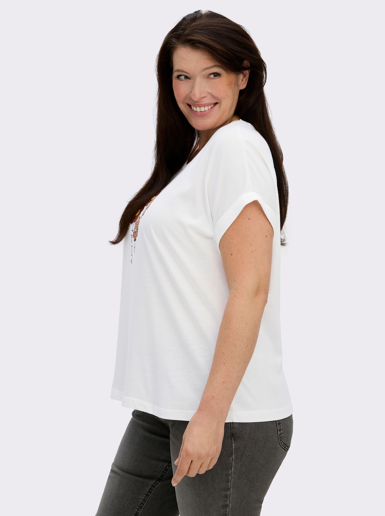 Rundhalsshirt mit Pailletten-Blüten - ecru