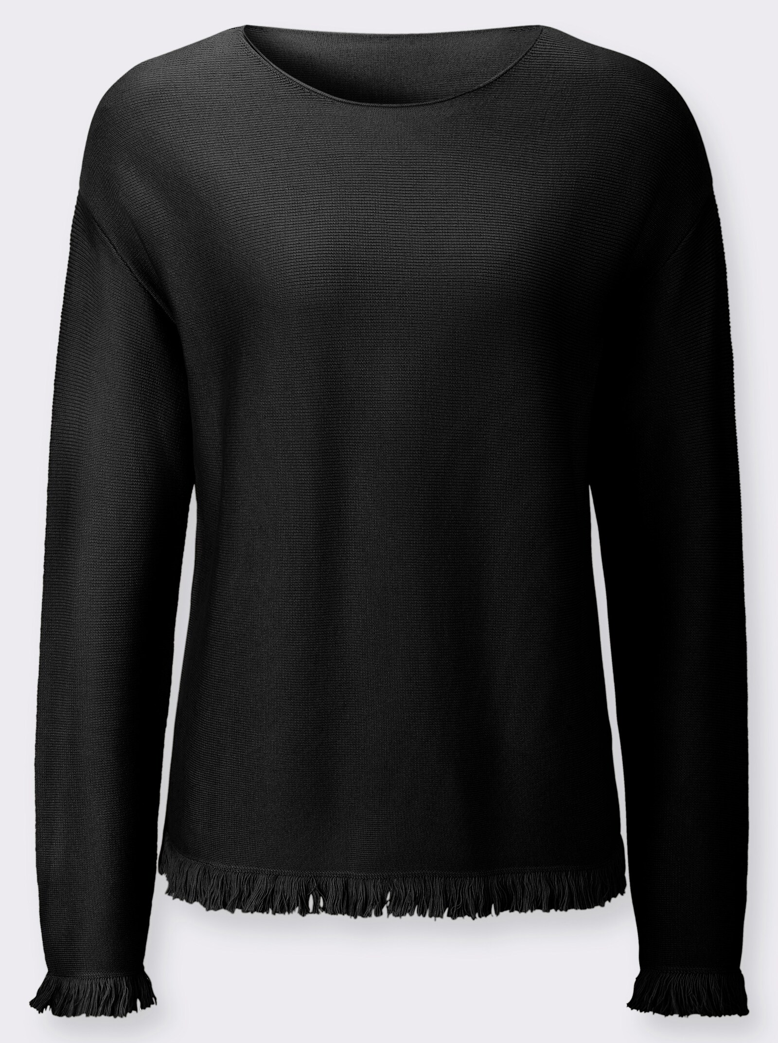 Langarm-Pullover mit Fransen-Abschlüssen - schwarz