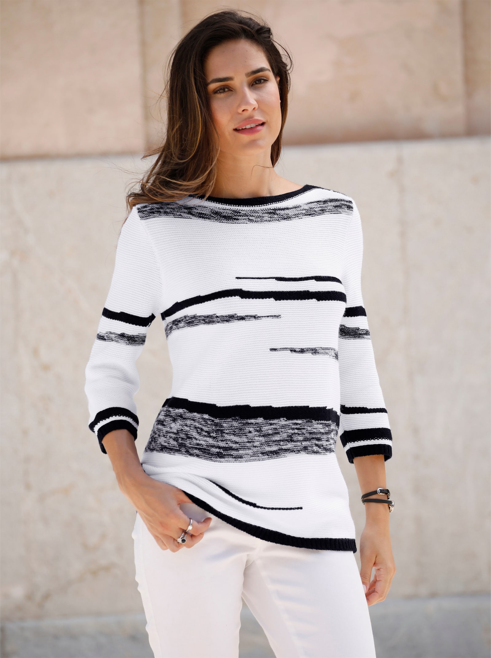 3/4 Arm-Pullover mit U-Boot-Ausschnitt - weiß-schwarz-gemustert