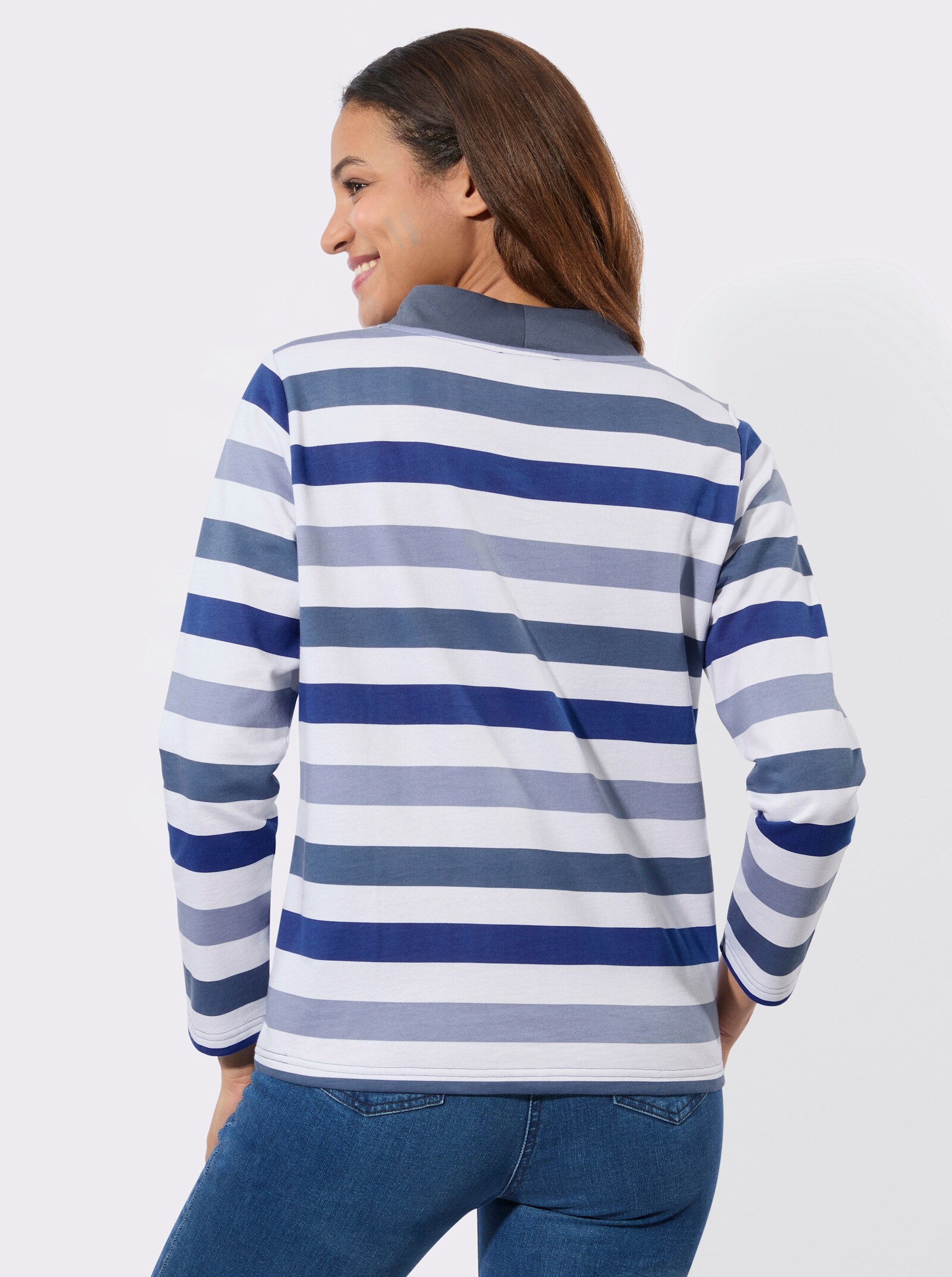 Sweatshirt mit halsfernem Stehkragen - taubenblau-rauchblau-geringelt