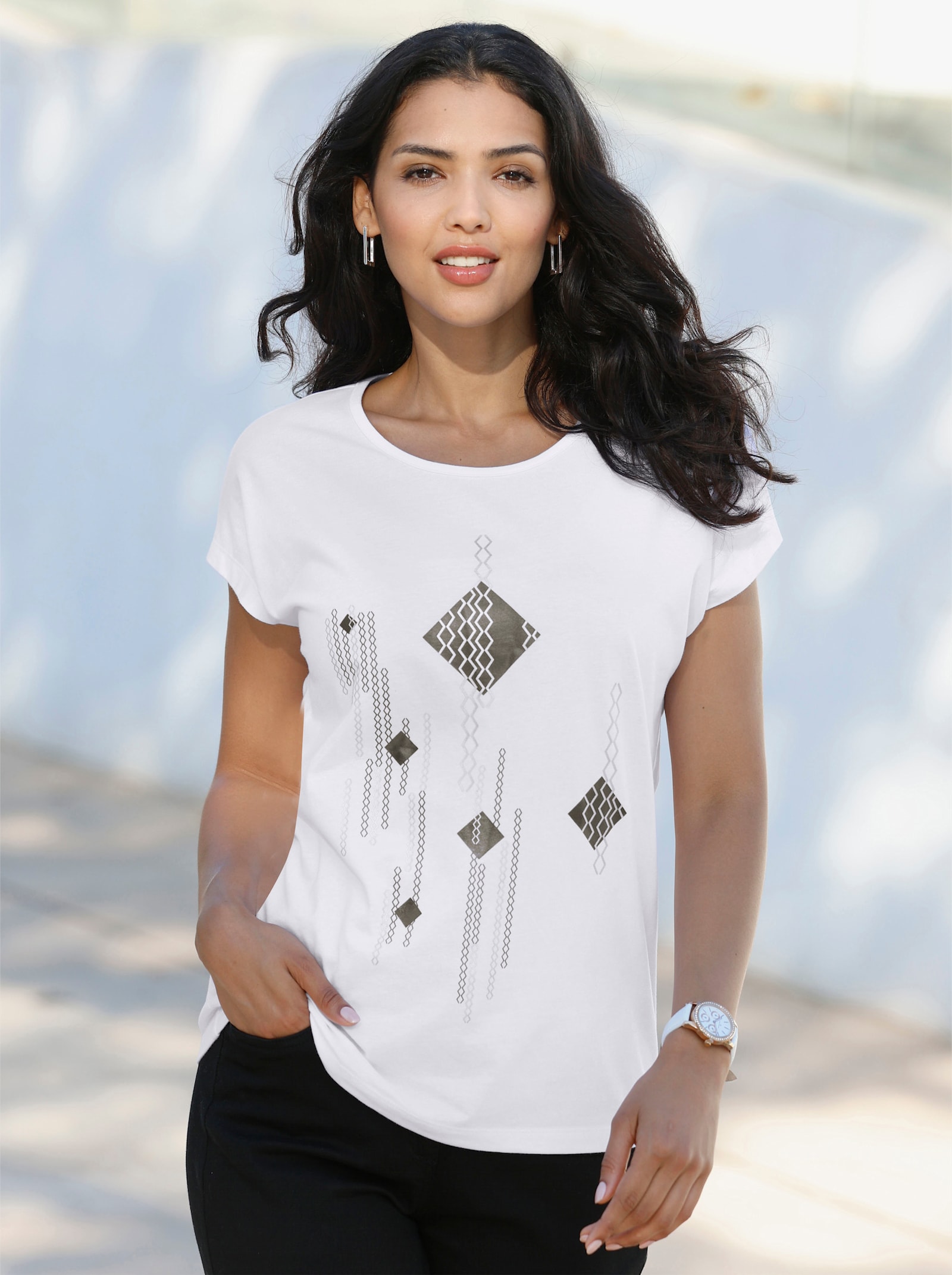 Kurzarmshirt mit Folien-Print - weiß-schwarz