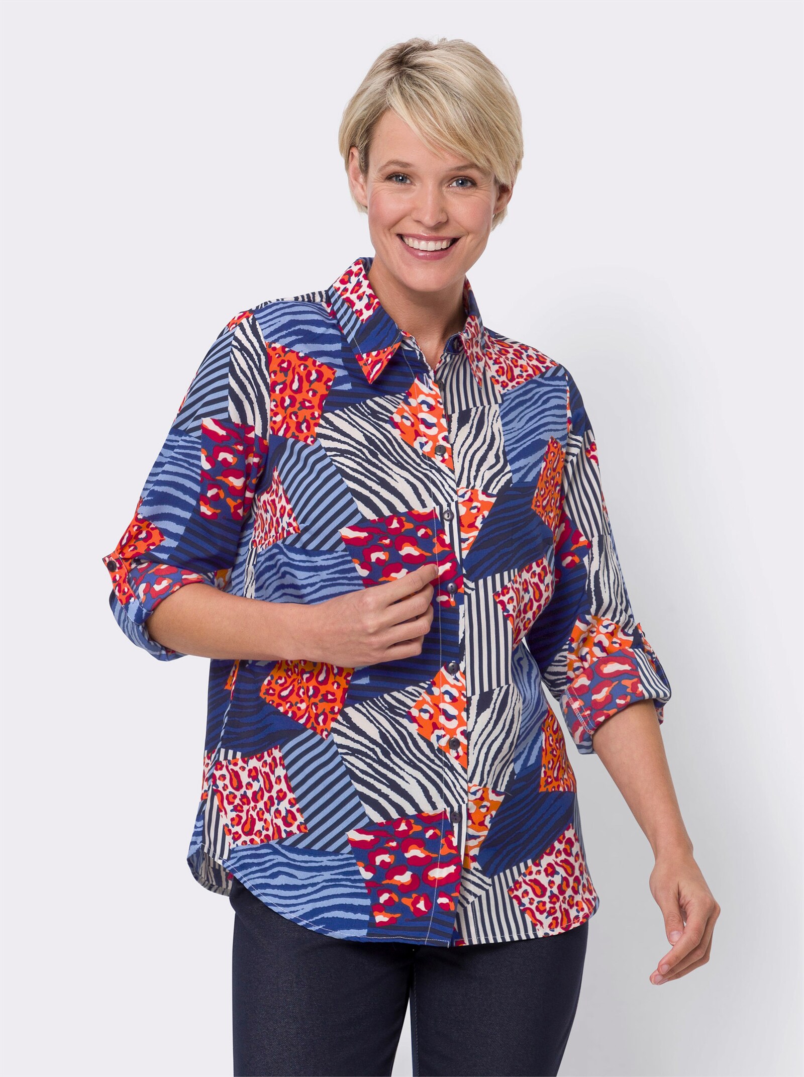 Långärmad blus i mönsterblandning - marin-ecru, med tryck