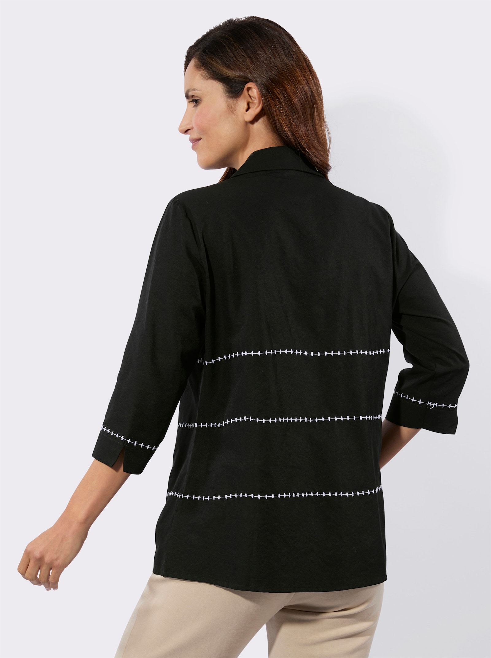 Hemdbluse mit Kontrast-Stickerei - schwarz-ecru