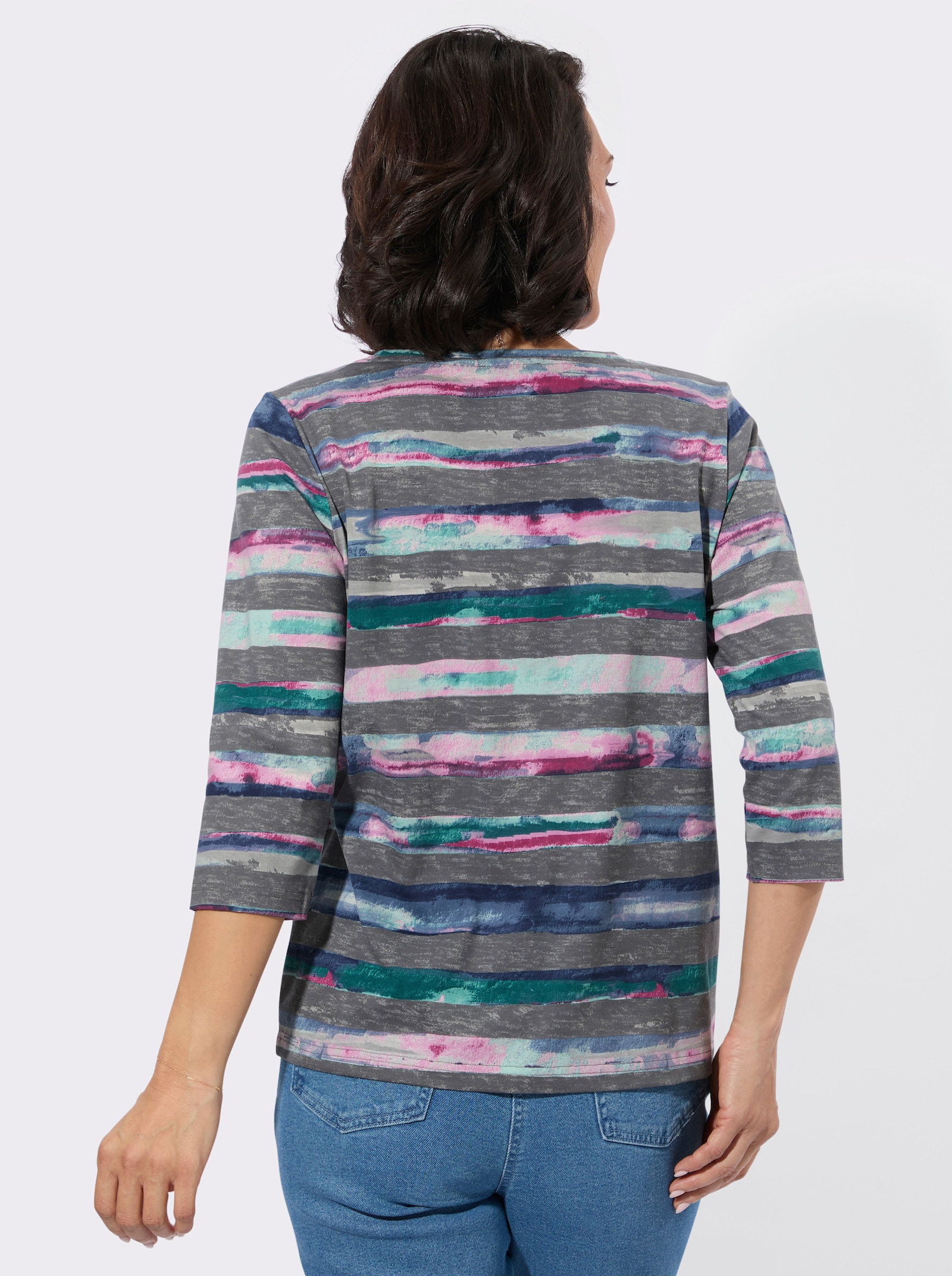 Rundhalsshirt im Ringel-Druckmuster - steingrau-aquapetrol-bedruckt