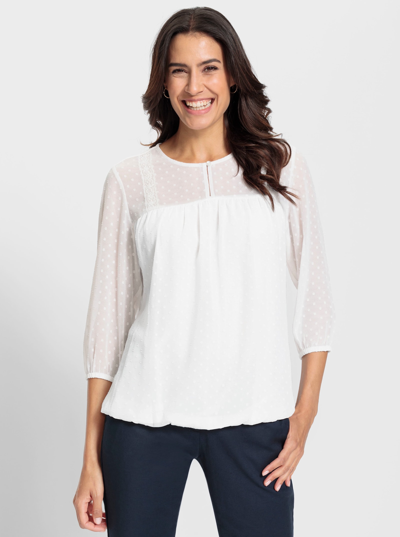 Schlupf-Bluse mit transparenten Partien - weiss