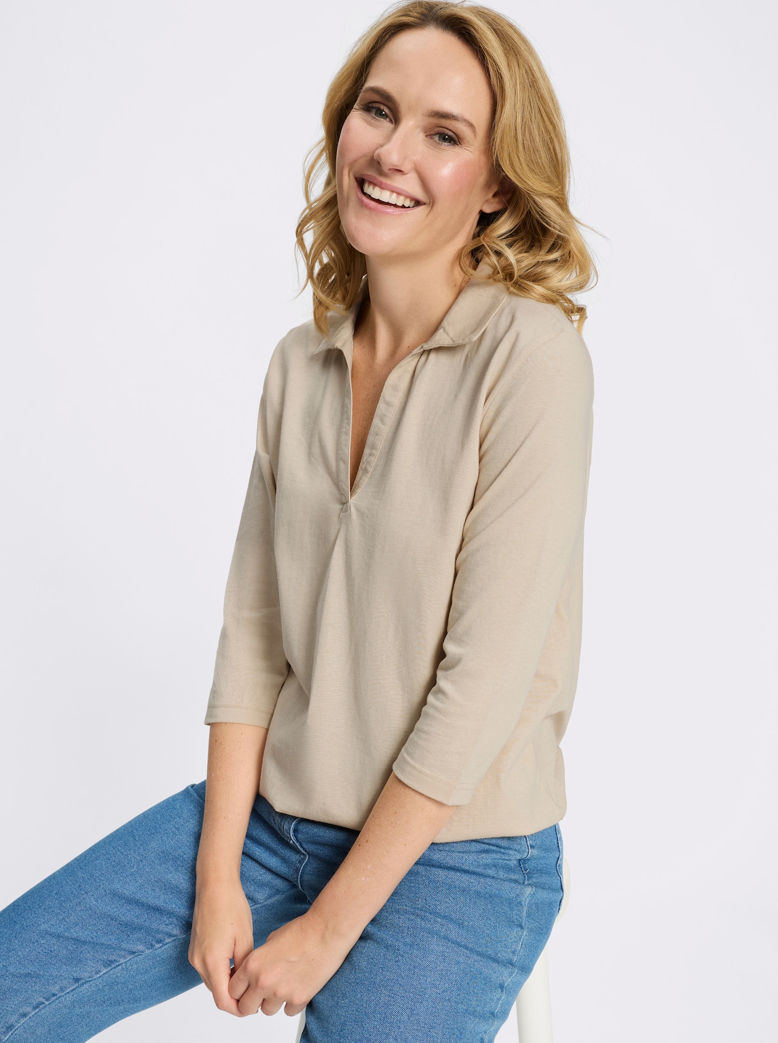 Poloshirt mit Gummizug am Saum - sand